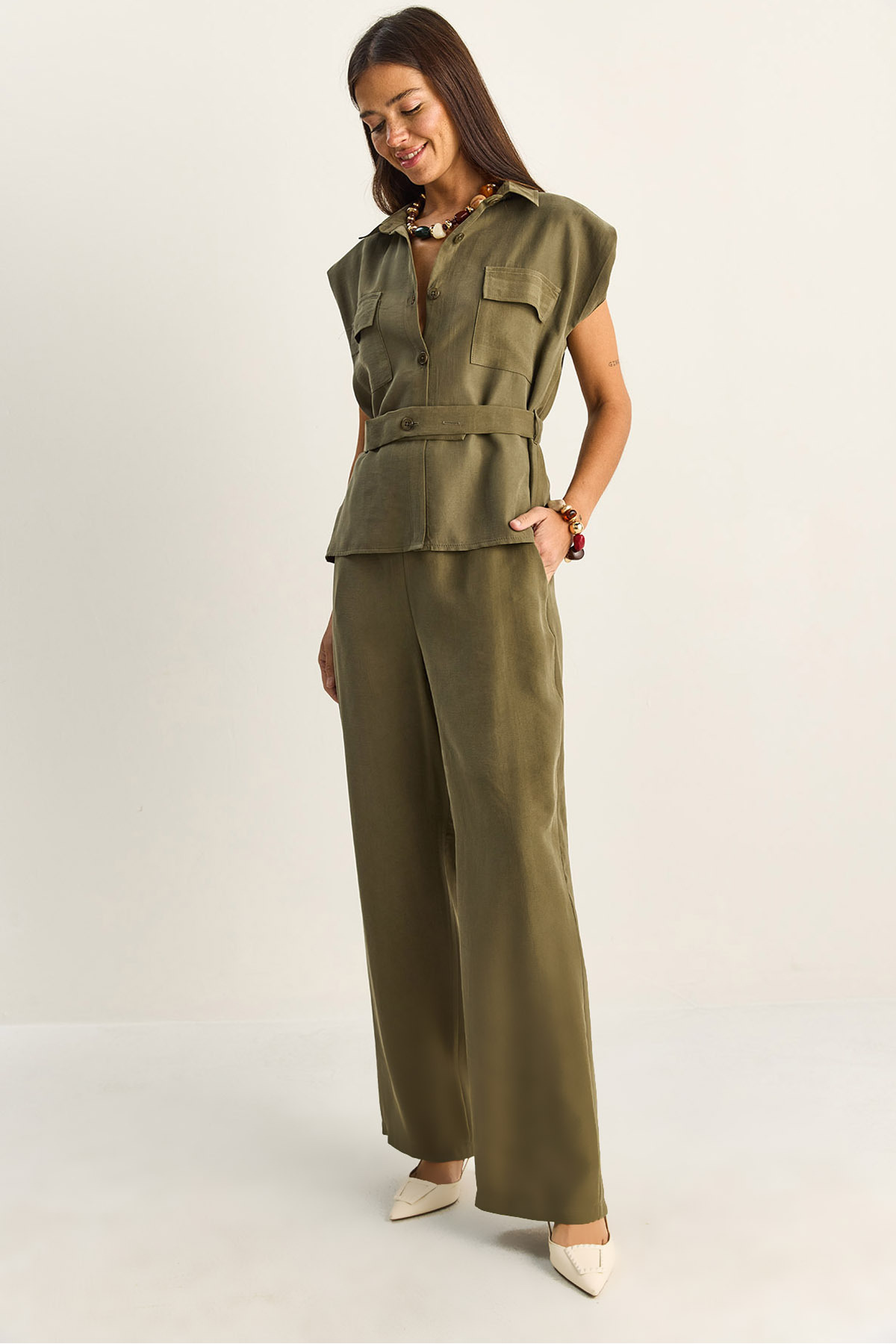 Women's Padded Belt Detailed Pocket Vest Elastic Waist Pocket Modal Set 7502 60286137