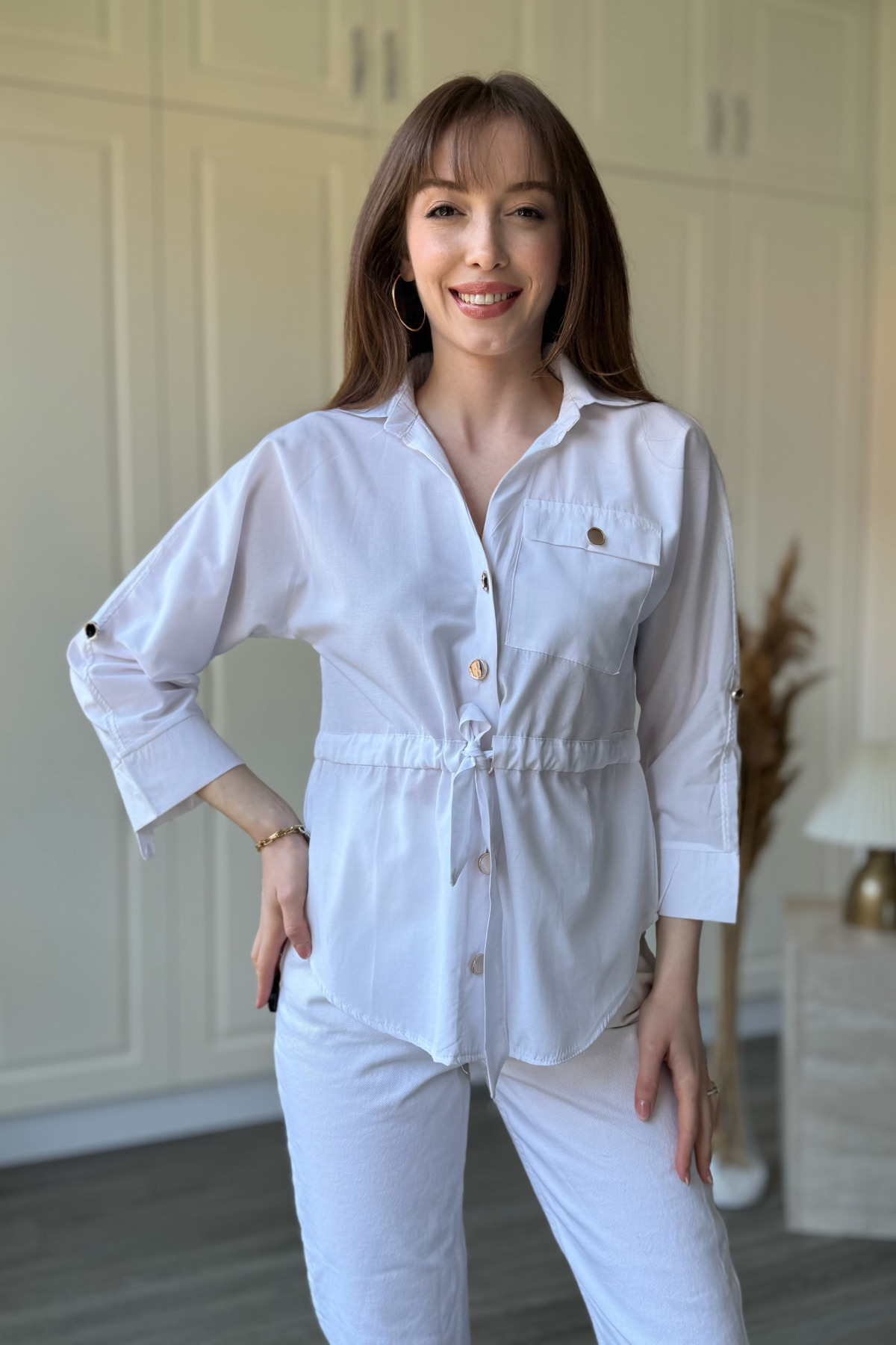 Shirred Waist Gold Button White Shirt