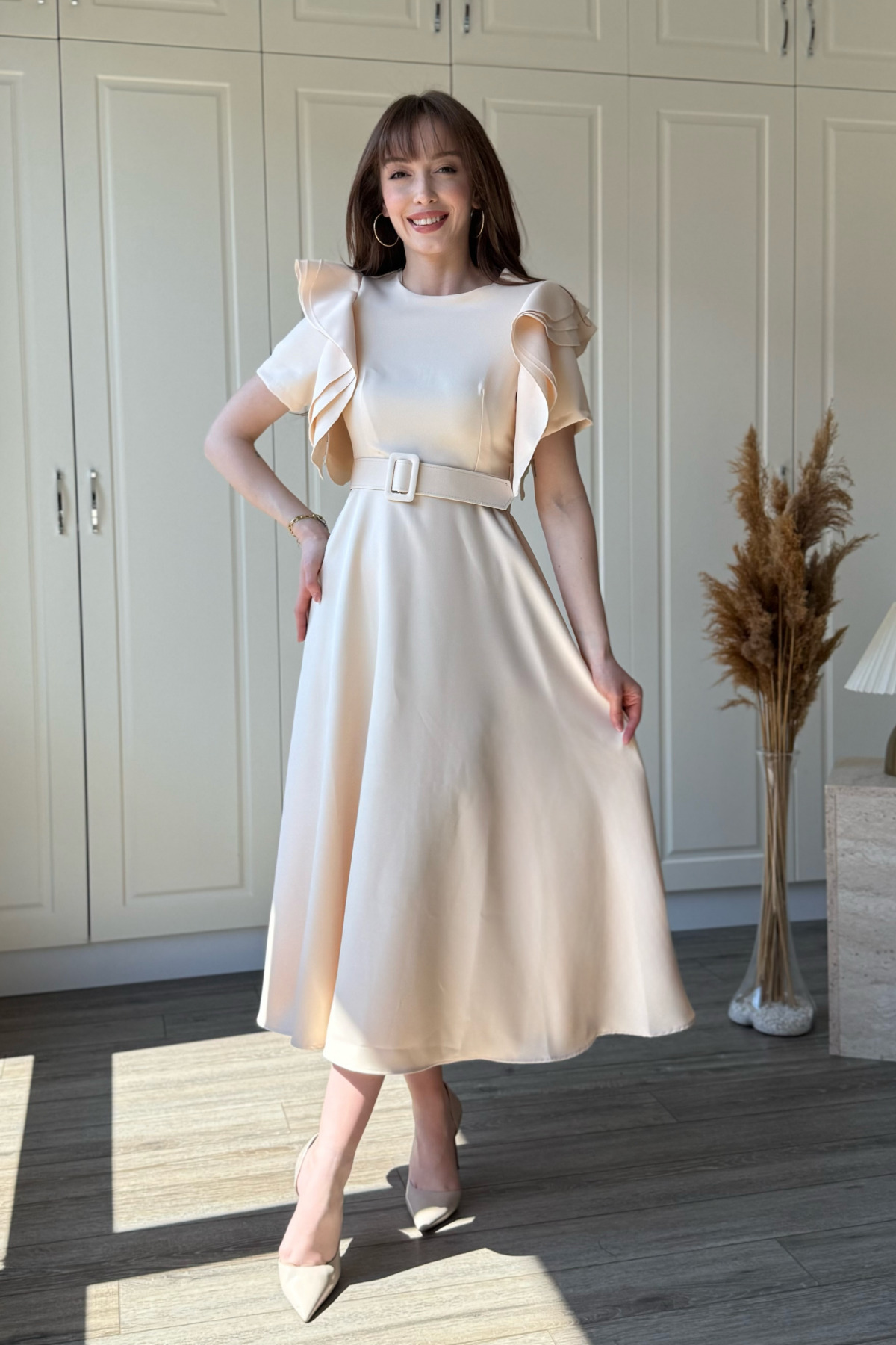 Ruffle Detailed Belted Midi Flared Beige Dress