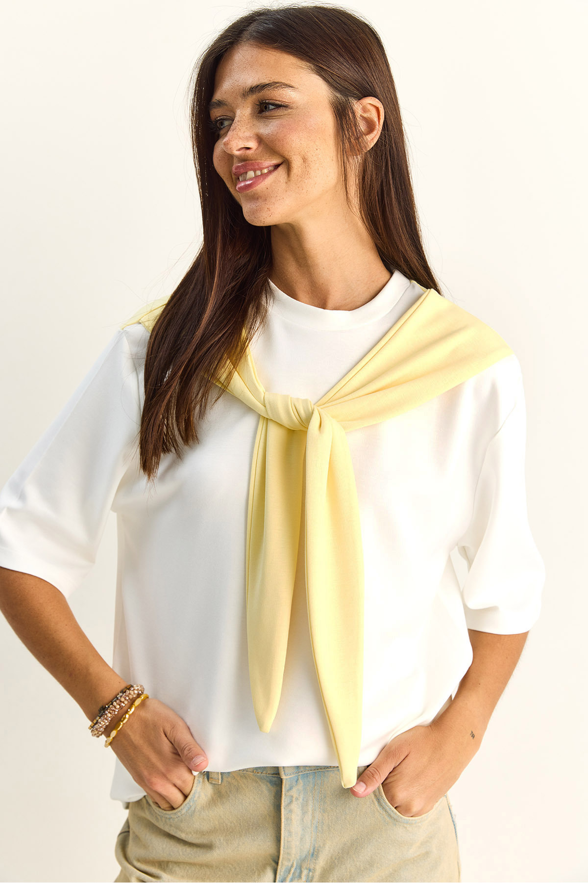 Women's Shawl Detailed Oversize Basic T-Shirt 1094 60286118