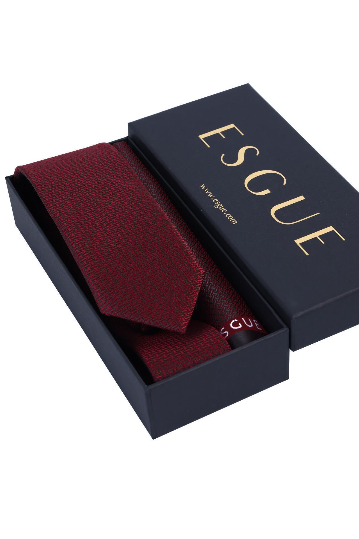 Esgue Hand Made 6 cm Slim Mini Desenli Bordo Siyah Renk Mendilli İnce Kravat görsel 5