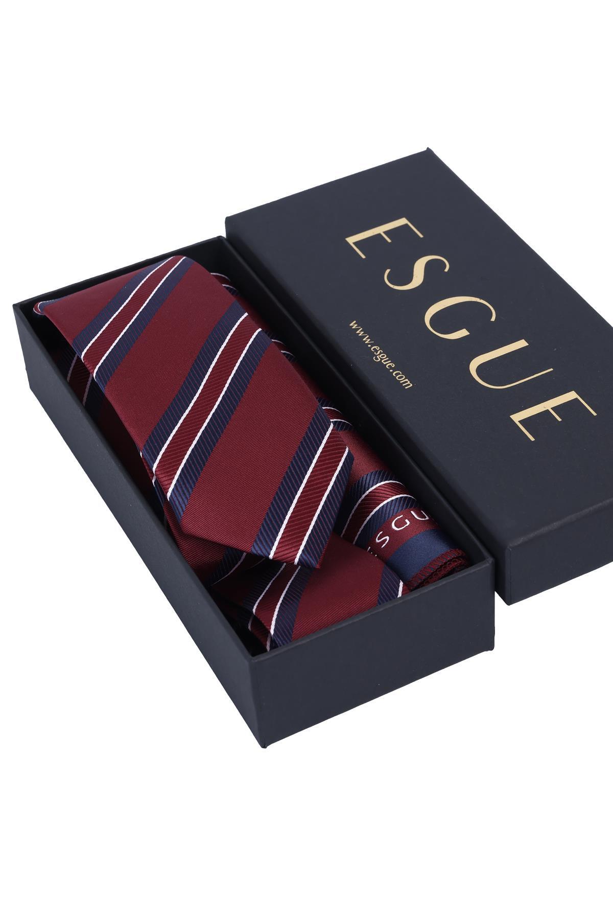 Esgue Hand Made 6 cm Slim Çizgili Desenli Bordo Lacivert Renk Mendilli İnce Kravat görsel 5