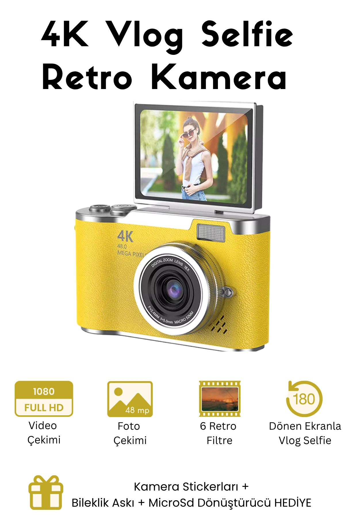 RoseandRoses Sticker Hediyeli Retro Kamera Dönen Ekran Flaşlı Selfie Video Vlog Kamerası 4K+48MP