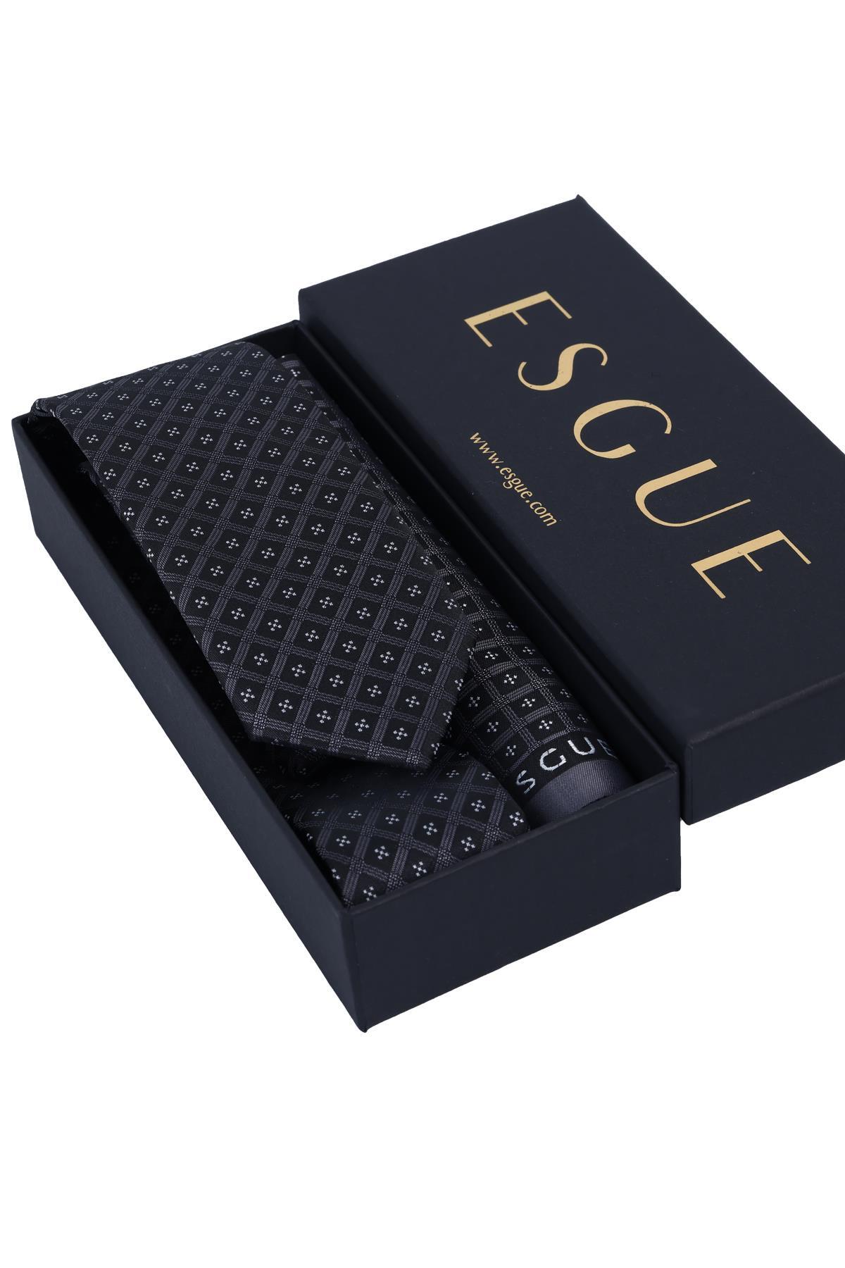 Esgue Hand Made 6 cm Slim Motif Desen Siyah Gri Renk Mendilli İnce Kravat görsel 5