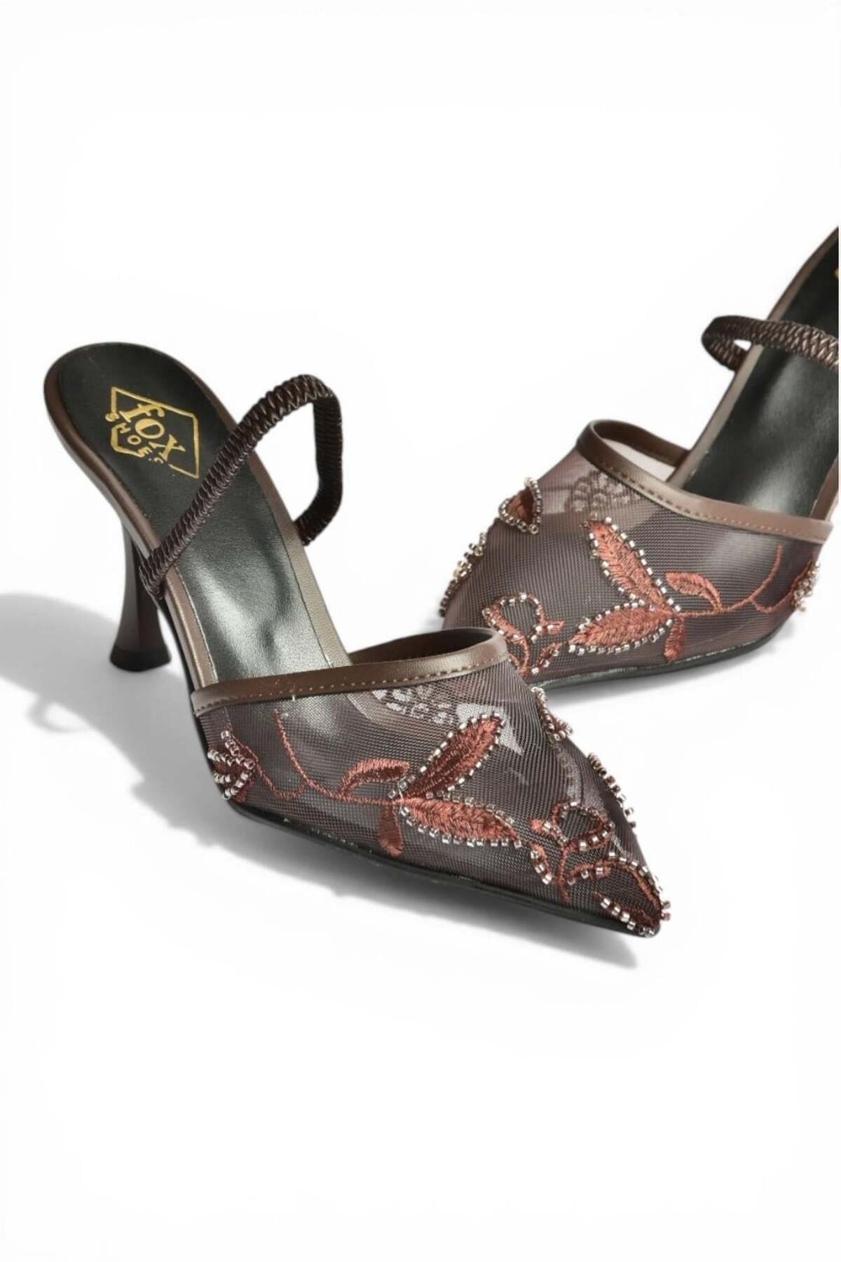 Fox Shoes Y752176315 Kahverengi File Boncuk İşlemeli İnce Topuklu