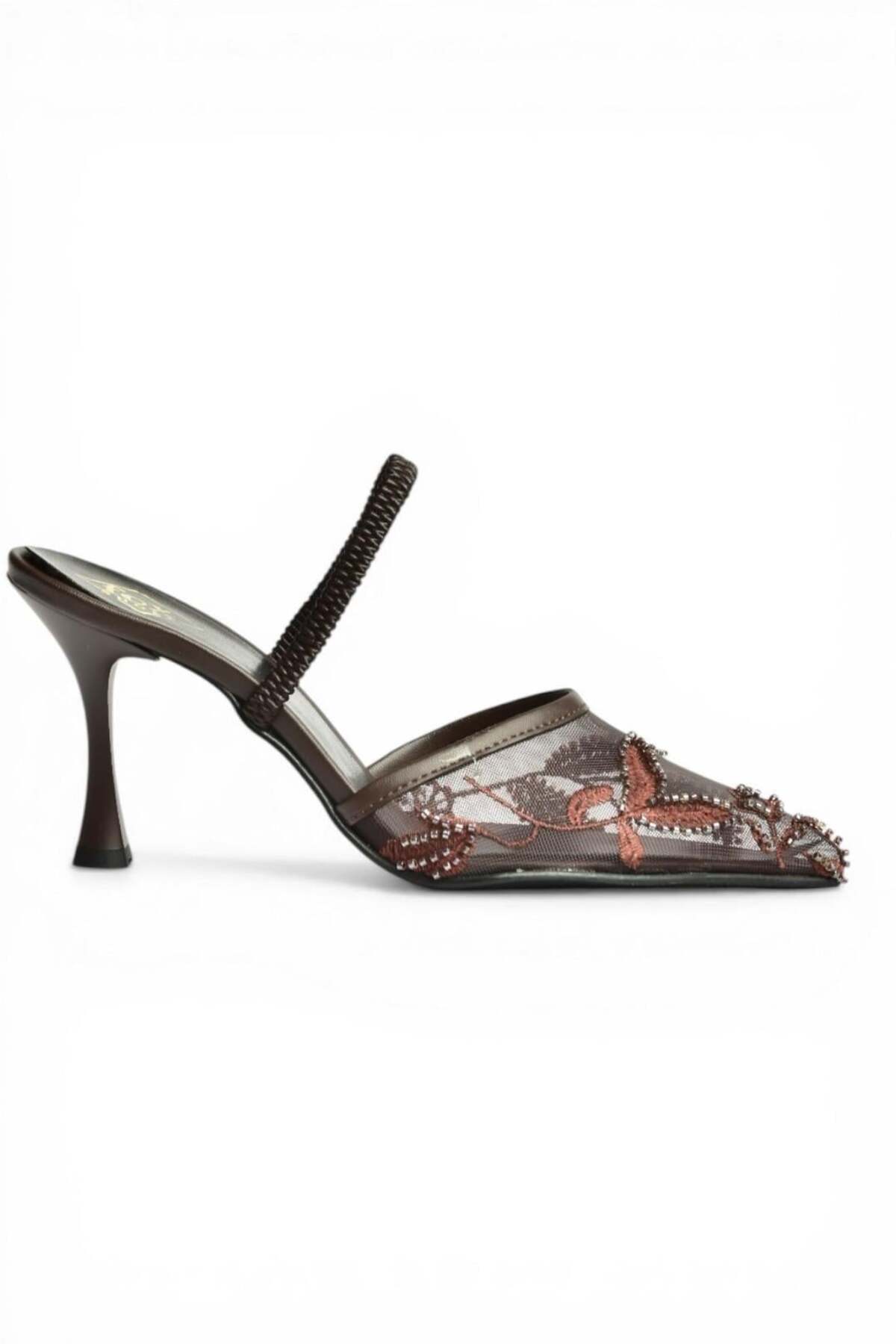 Fox Shoes Y752176315 Kahverengi File Boncuk İşlemeli İnce Topuklu