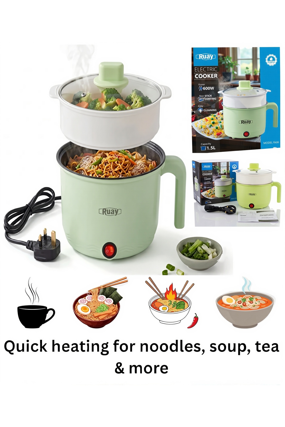 RUAY 1.5L Mini Electric Cooker Noodle Rice Cooker Steamer Dual Layer Hot Pot Kitchen Appliance RA96 SP_Store_Mini_Cooker_RA96, 1 - 3