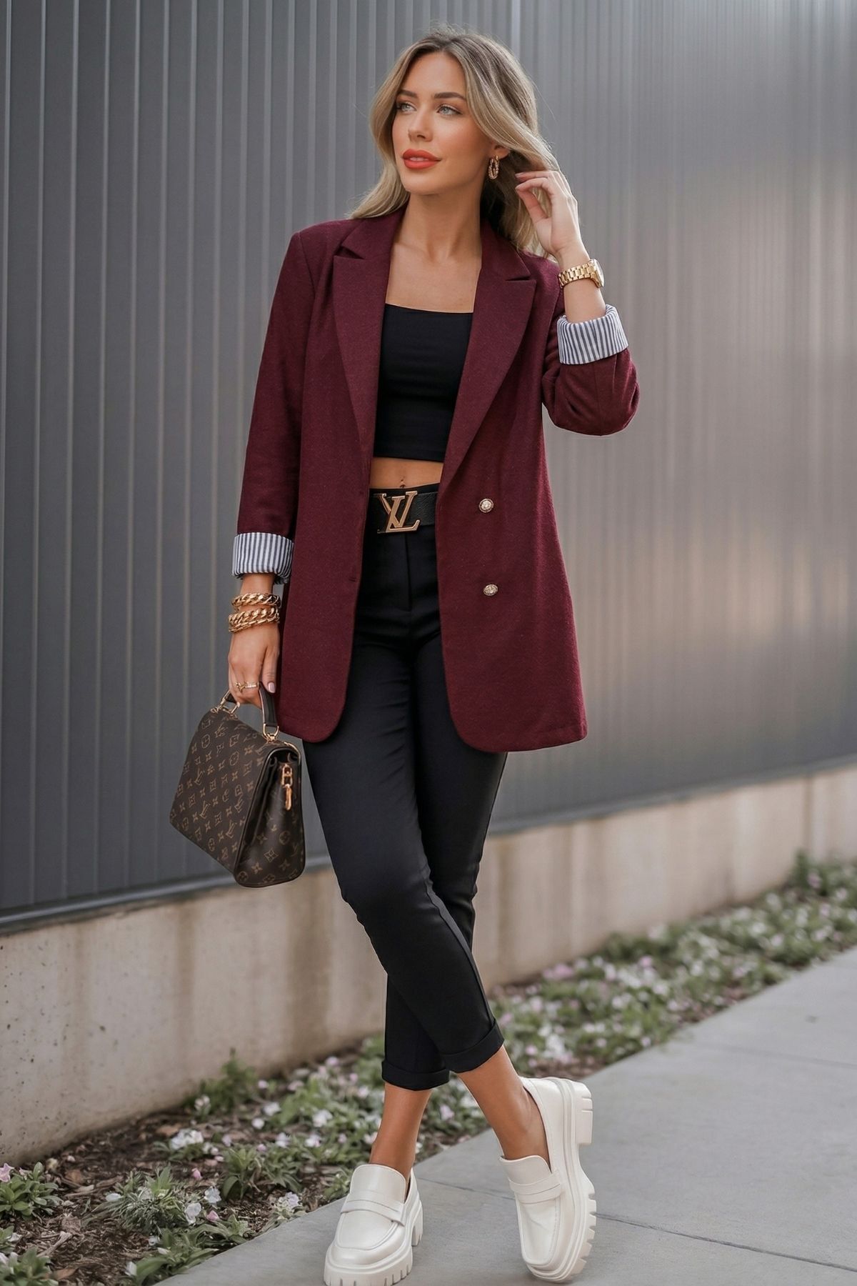 armonika  Kadın Bordo Kruvaze Yaka Kolu Katlama Detaylı Oversize Vatkalı Blazer Ceket ARM-25K001015