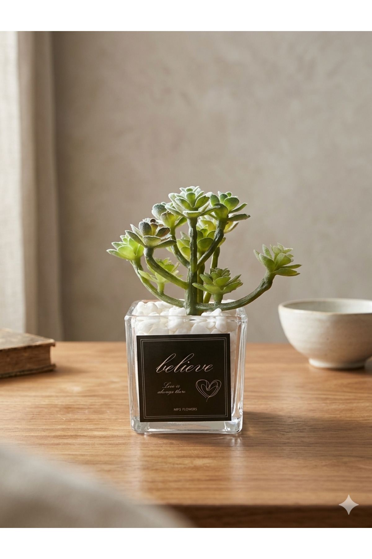 Decorative Succulent Artificial Flower – Multi-Branch Glass Flower Pot Stone Modern Table Top Home & Office Decor