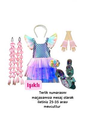 3b kids denizkızı ışıklı kostüm elbise+pembe saç+inci taç +pembe file eldiven...
