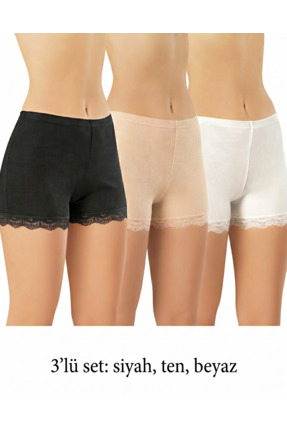 İncili Tekstil Kadın Fitilli Dantelli Boxer Külot 3'lü Set - Pamuklu Esnek Şo...