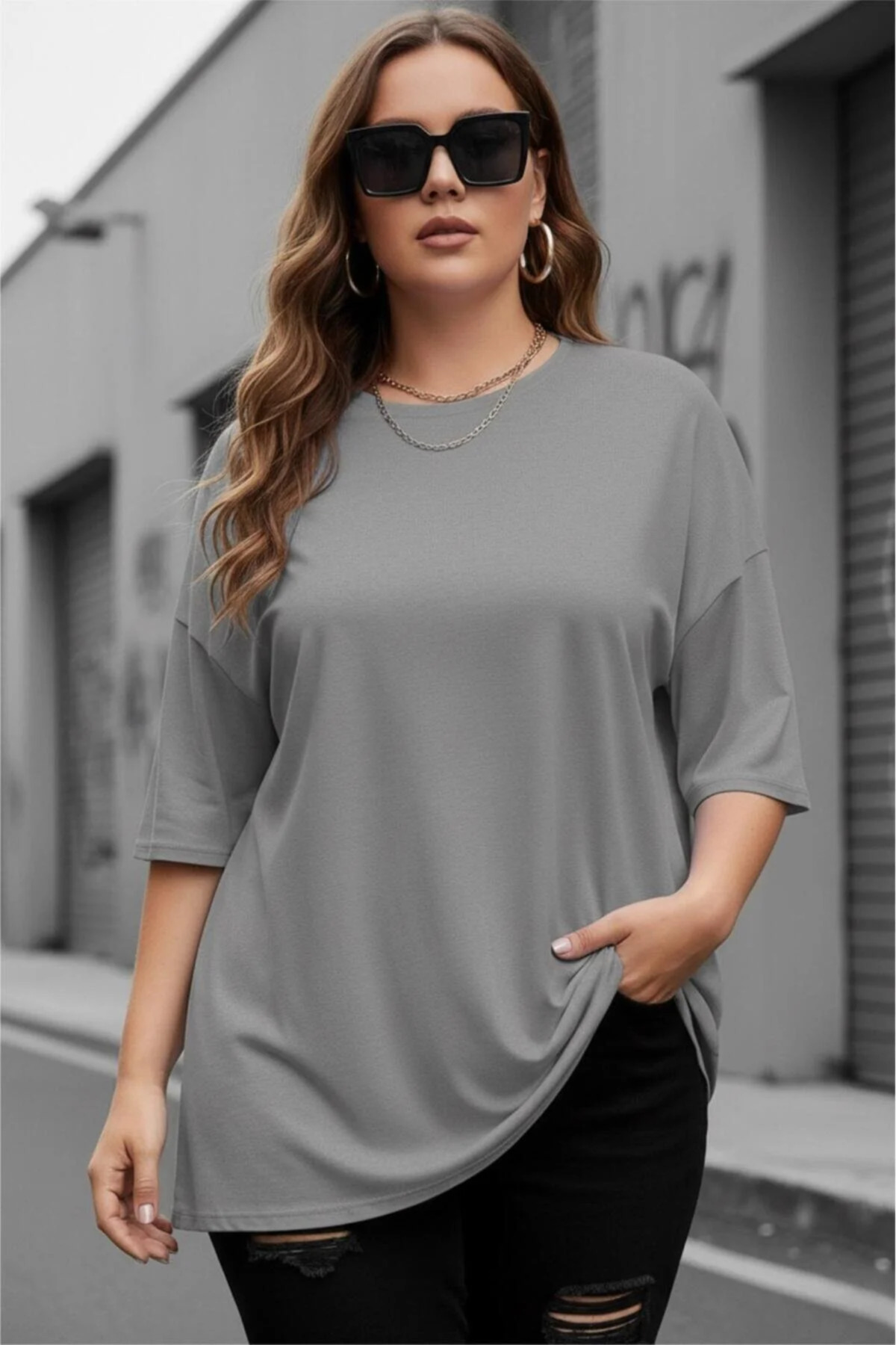 HOFFNUNG  Kadın Bisiklet Yaka Oversize Pamuklu T-shirt