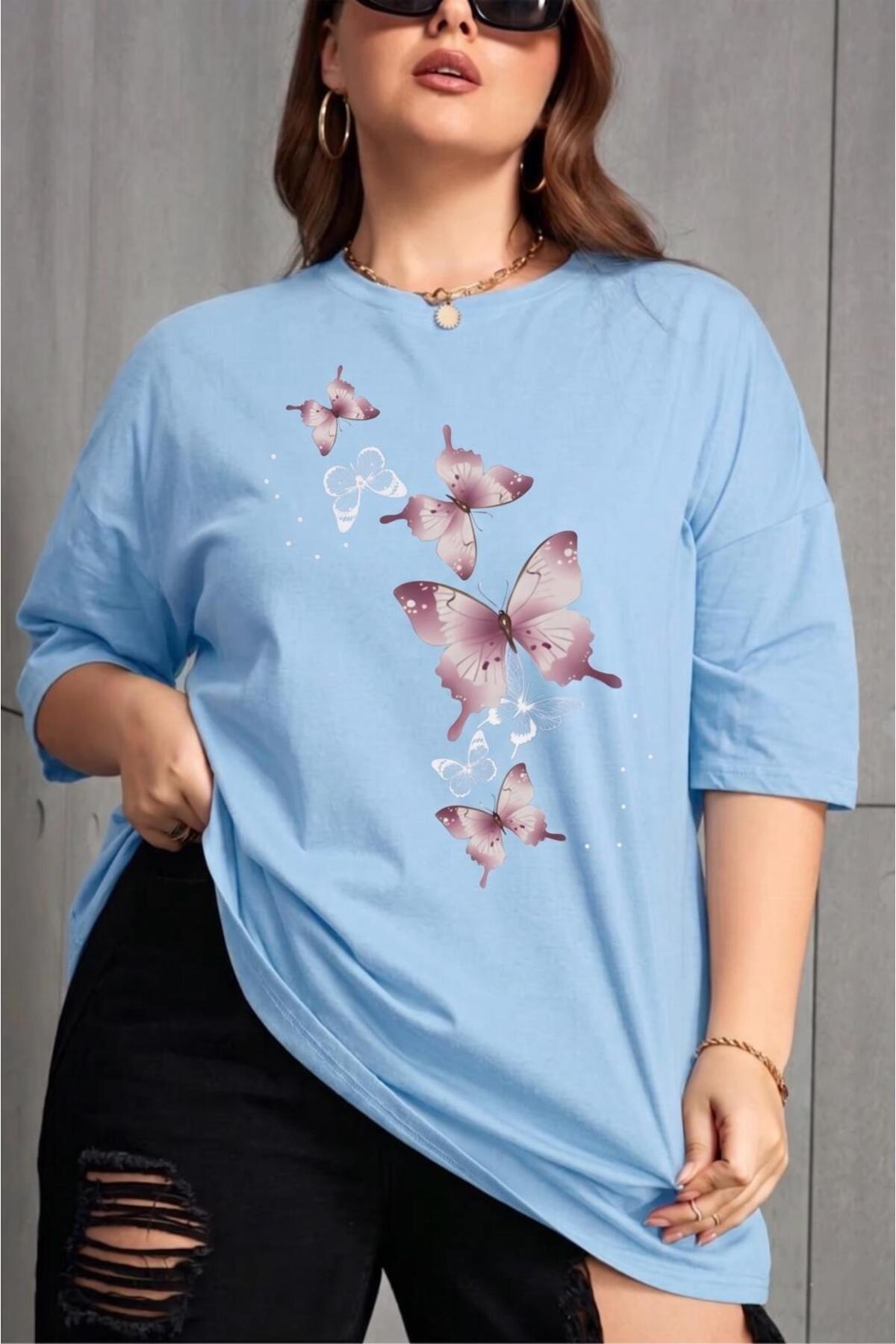 Butterfly Printed Women Plus Size Plus Size Crew Neck Cotton T-Shirt Casual Cut