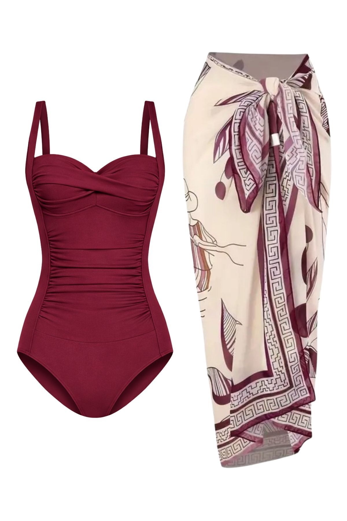 French Breezy Wrap-Up Draped Swimwear Pareo 2-Piece Set with Adjustable Strap,Stylish and Thinning Effect