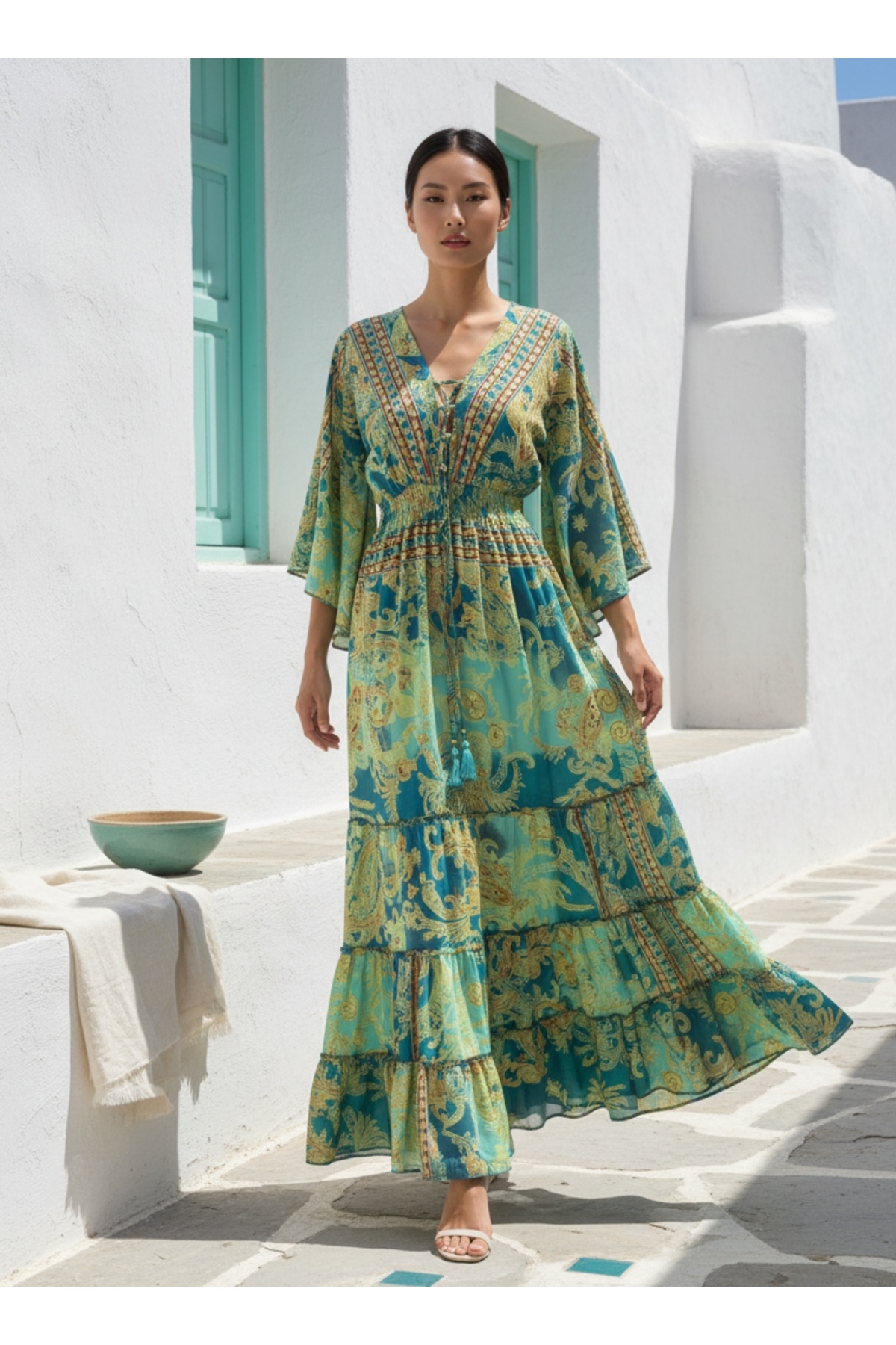 Enuverbi  Bohem Stil Gold Işıltılı Şal Desenli Kuşaklı V Yaka Bağcıklı Otantik Uzun Elbise - Standart Beden - Görsel 3