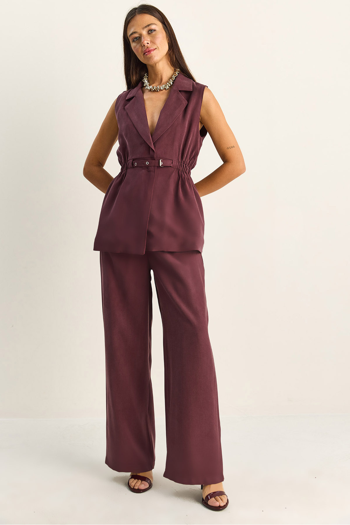 Women Elastic Waist Buckle Detailed Lined Vest Double Pleated Wide Pants Modal Set 9409 60286093