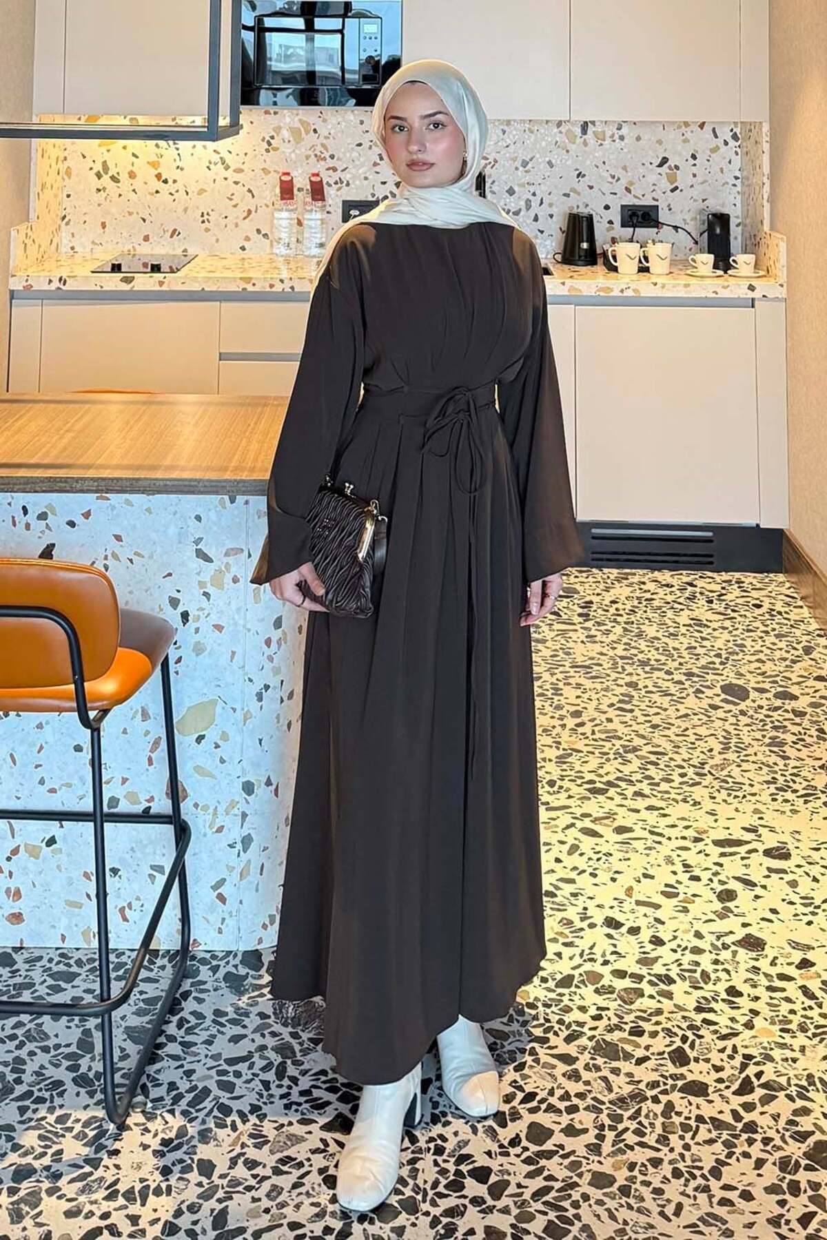 Lamelif Nora Lace-Up Hijab Dress Bitter Brown