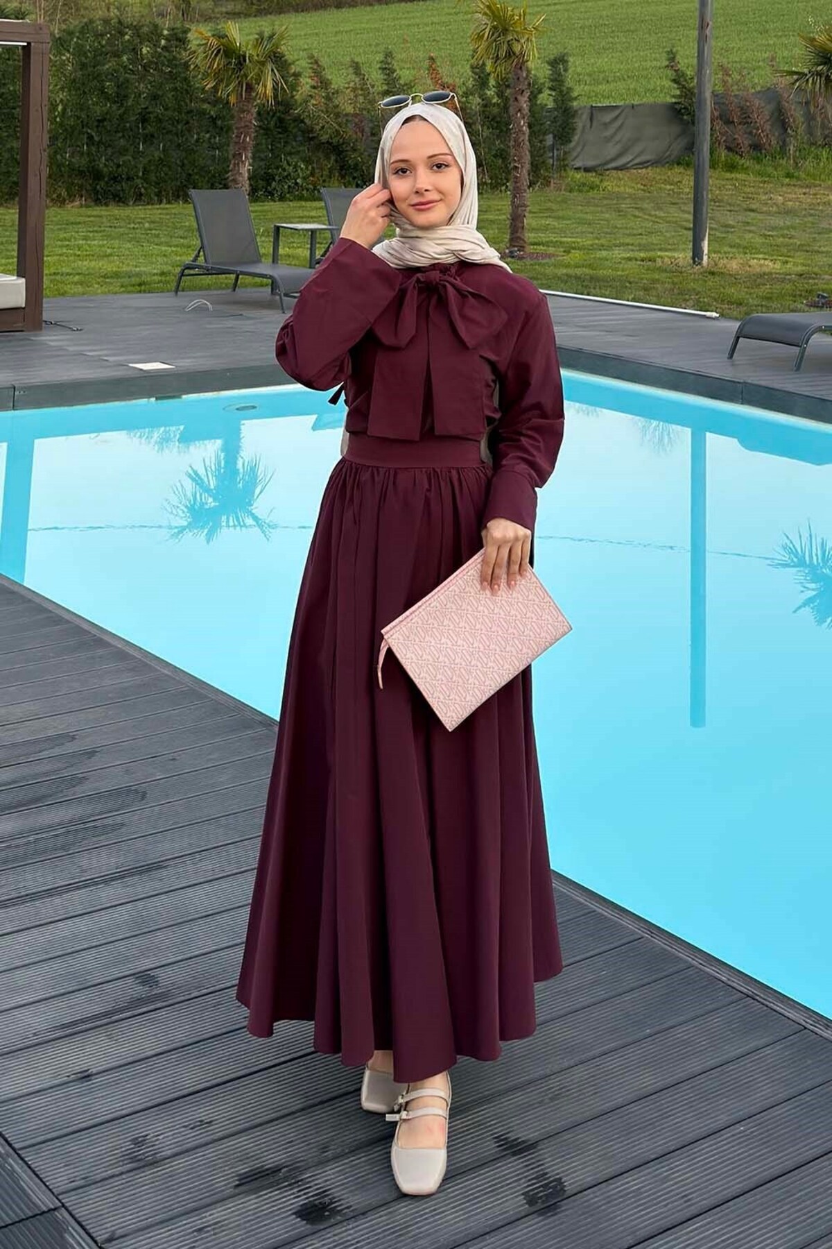 Lamelif Tie Collar Hijab Suit Plum