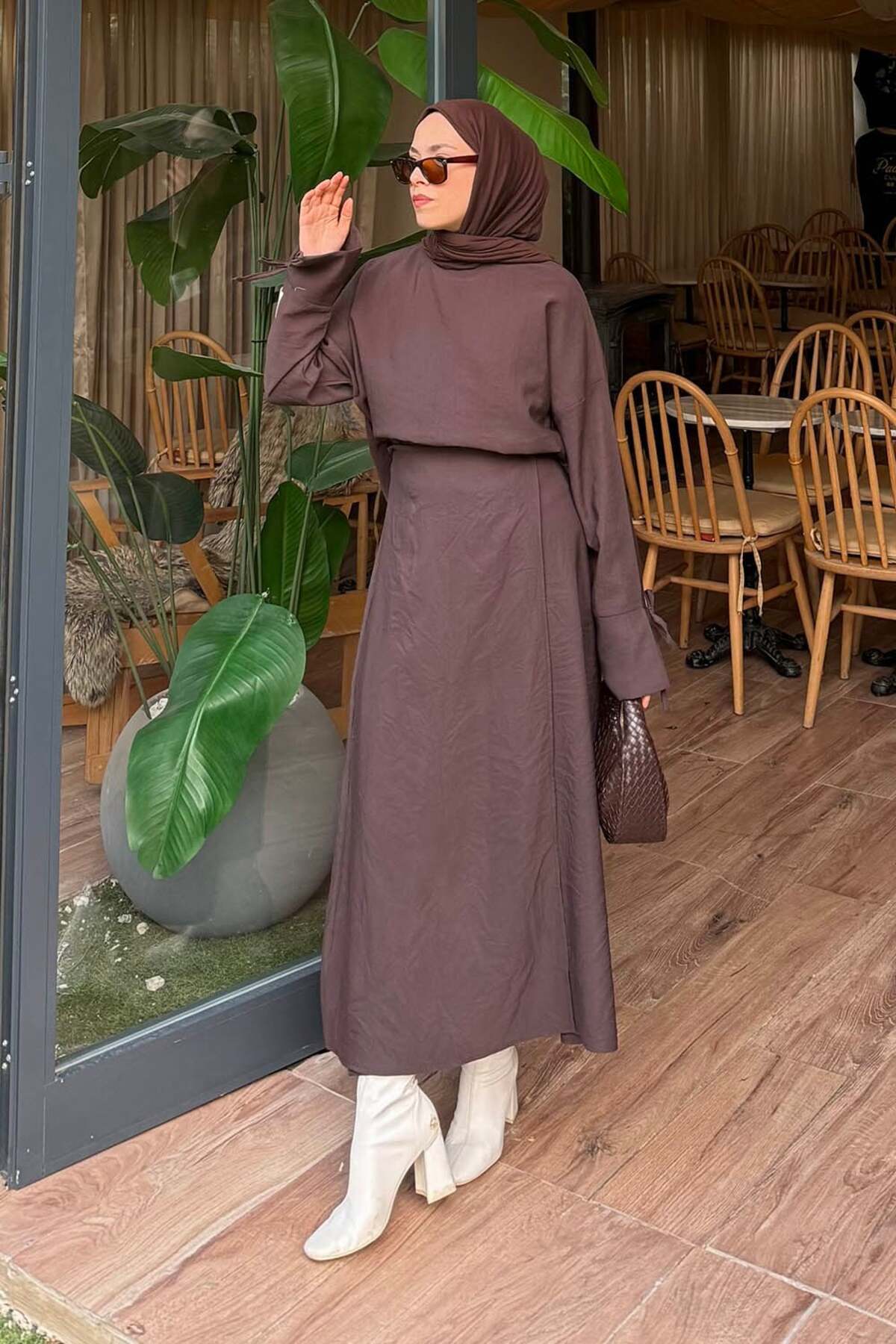Lamelif Skirt-Tie Detailed Suit in Bitter Brown