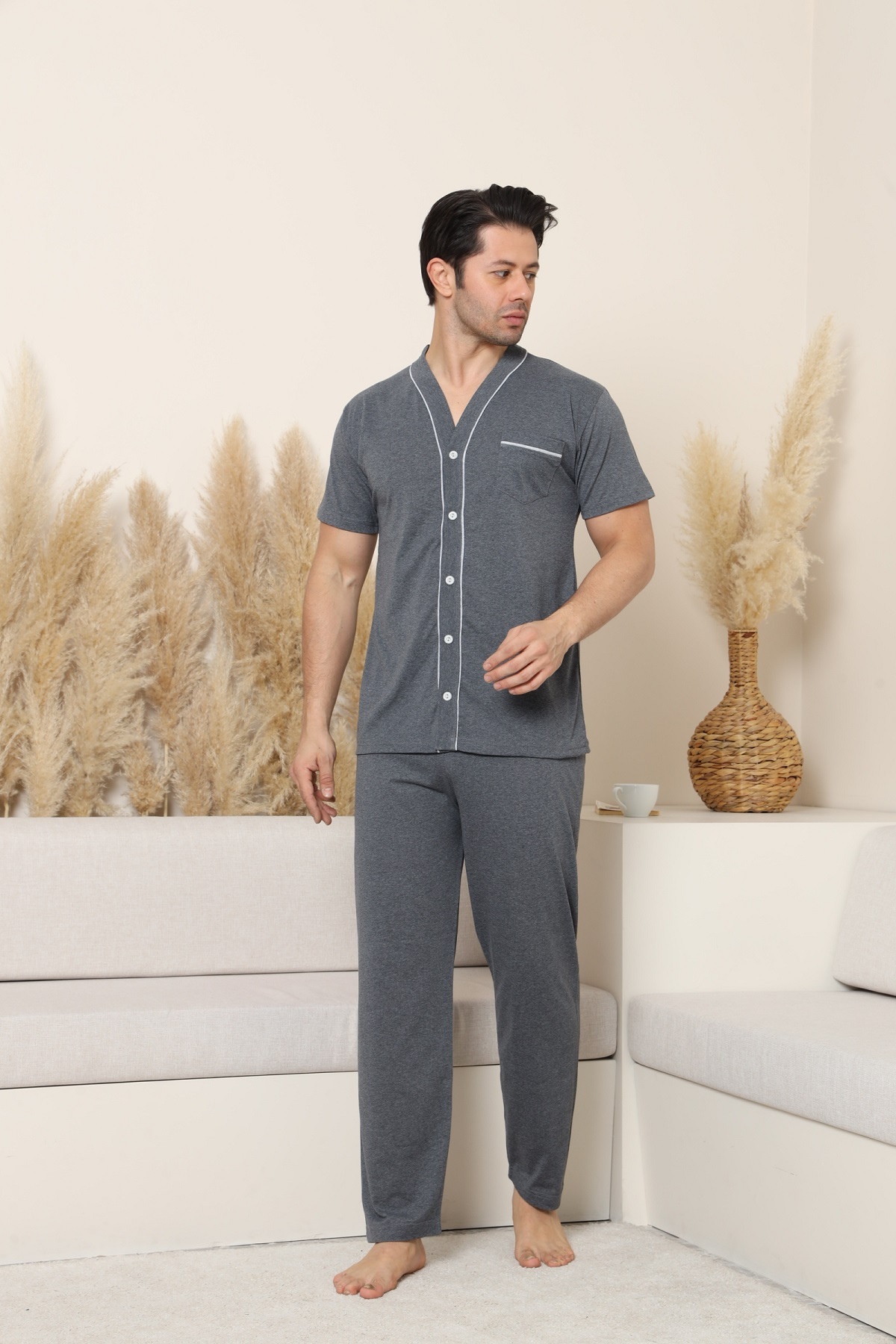 MODAREYA Short-Sleeved, Button-Front, Economical Anthracite Color Men's Pajama Set
