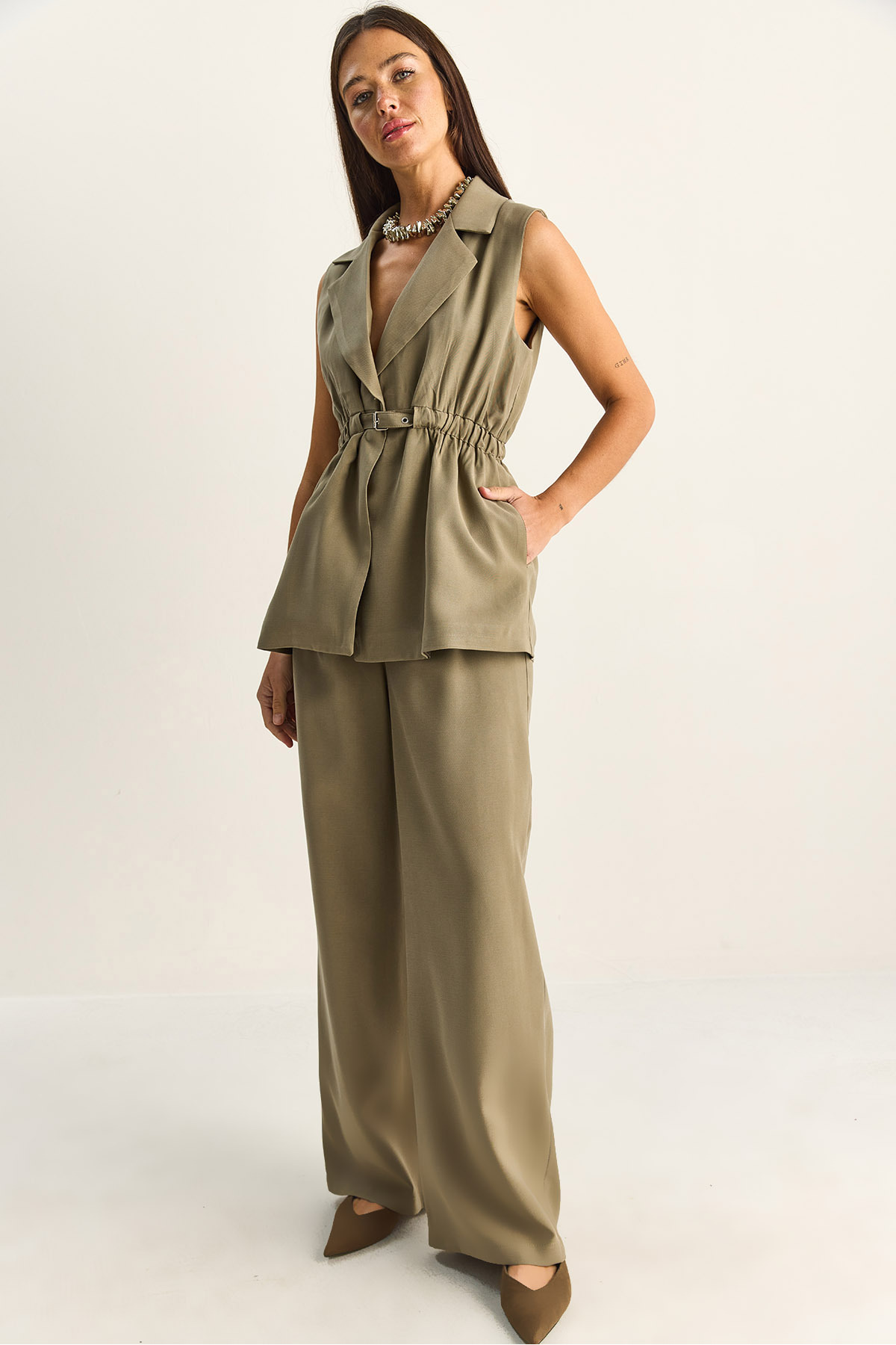 Women Elastic Waist Buckle Detailed Lined Vest Double Pleated Wide Pants Modal Set 9409 60286093