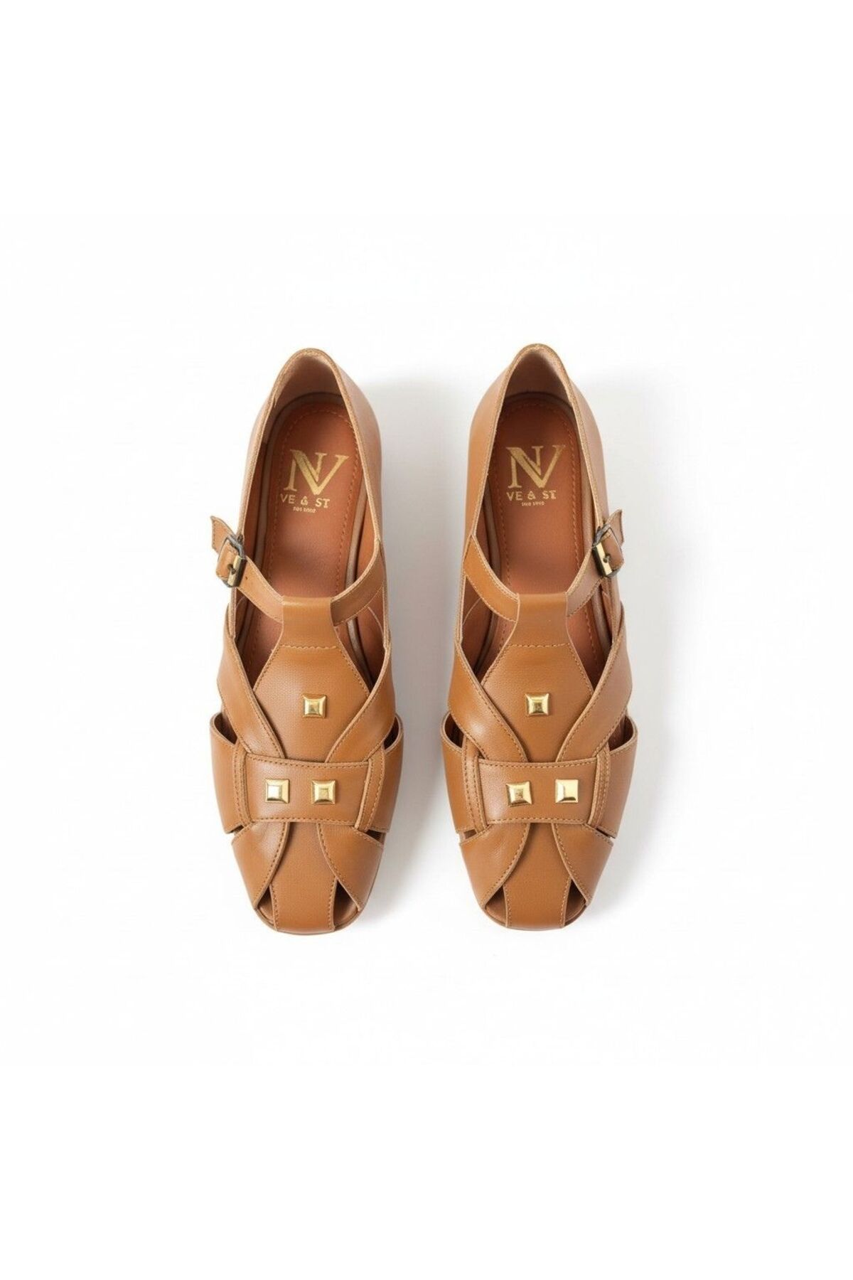 NE&VE SHOES Taba Deri Aksesuar Detaylı Tokalı Kadın Sandalet