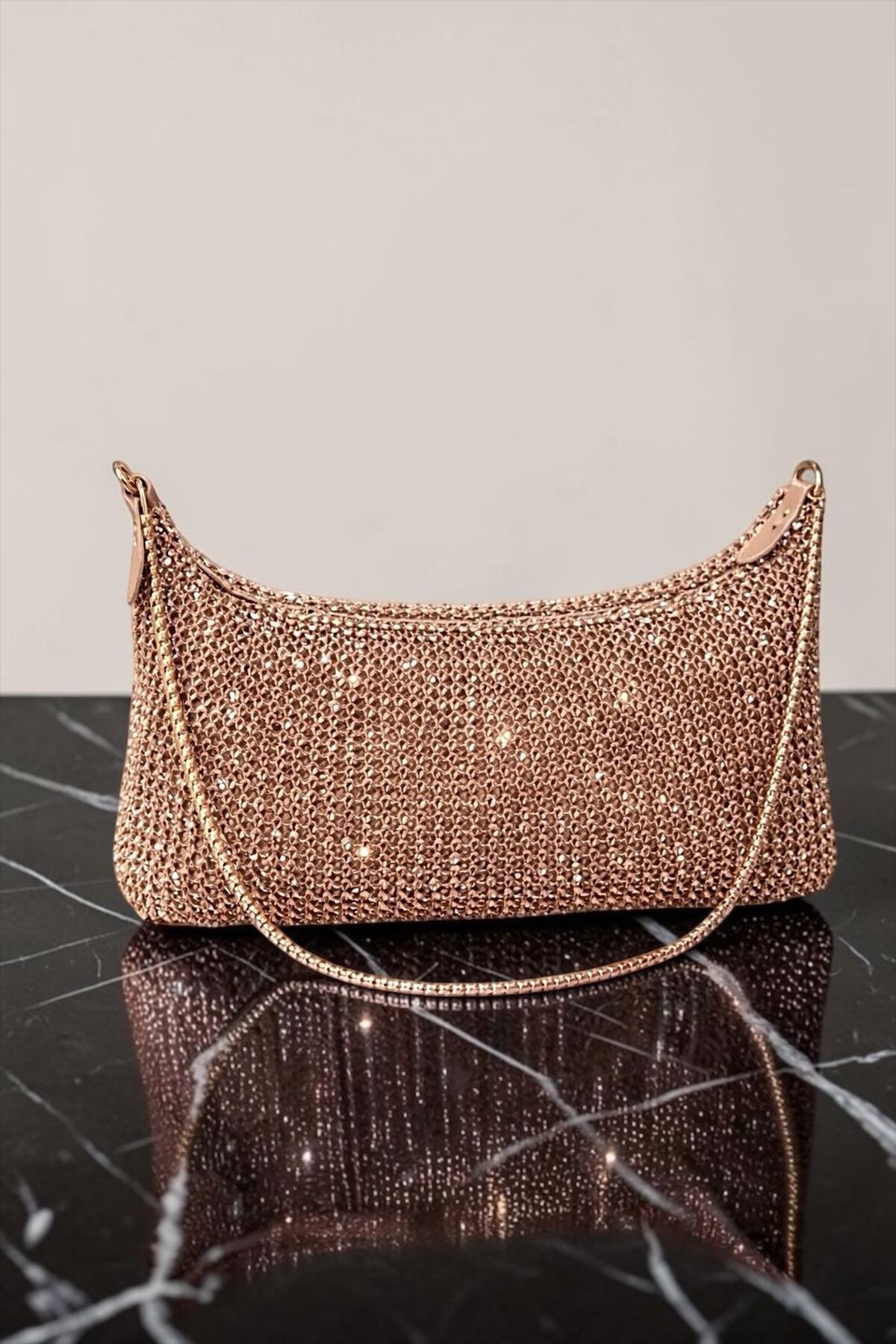 Katusa Kadın Rose Gold ışıltılı file örme zincirli el ve omuz çantası