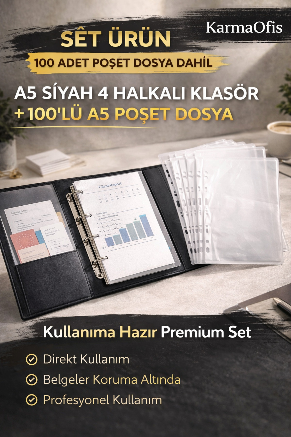 KarmaOfis A5 Siyah 4 Halkalı Klasör + 100 Adet A5 Poşet Dosya Seti