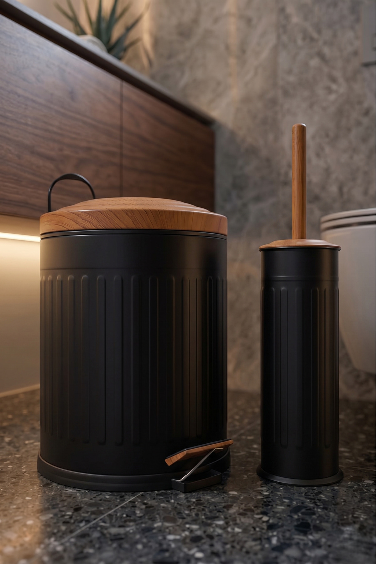 Vintage Series Black Wooden 5LT Bathroom Set with Shock Absorber Pedal Trash Can Toilet Brush Set