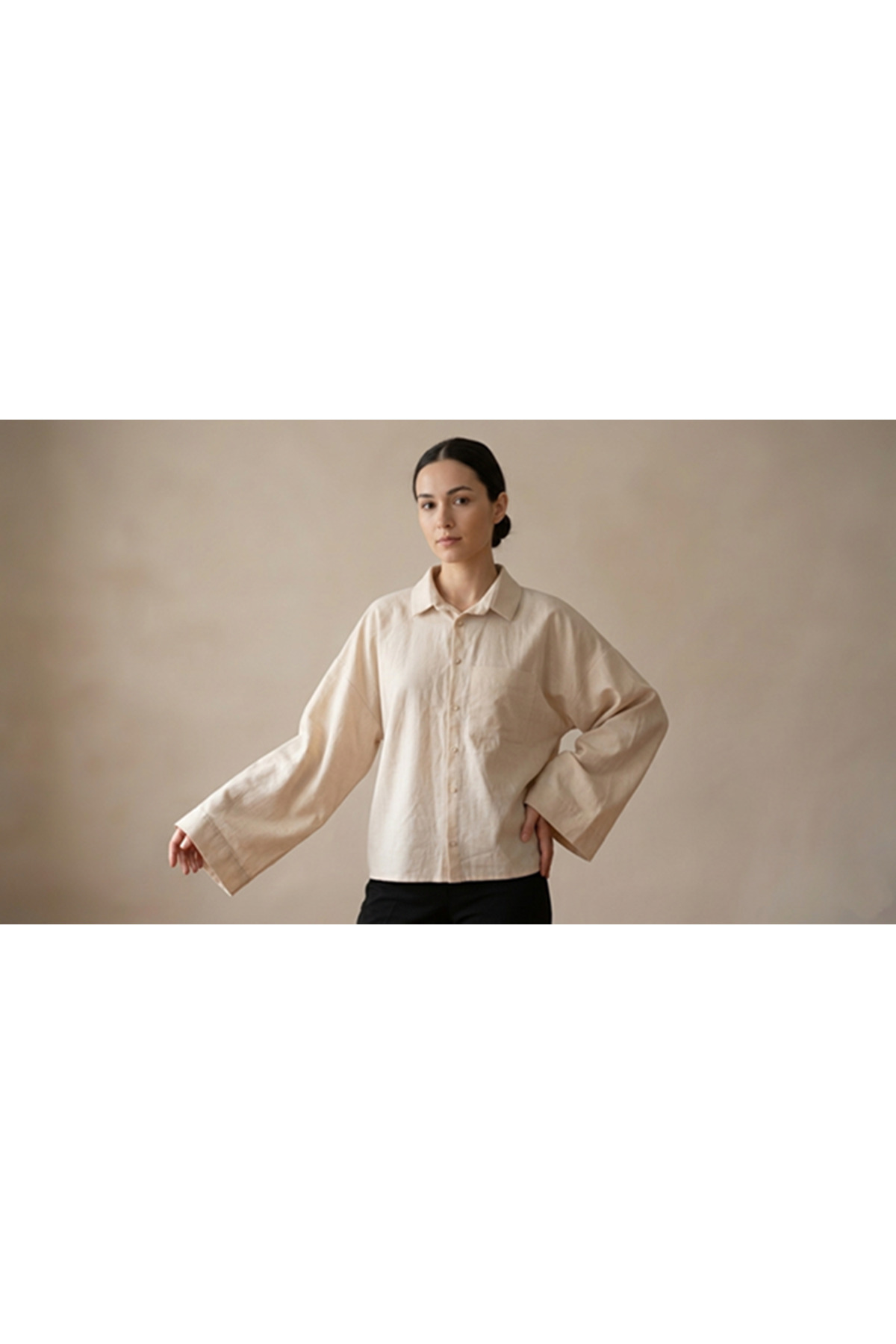 SmallTouch  Kadın İspanyol Kol Keten Oversize İç Göstermeyen Kimono Gömlek