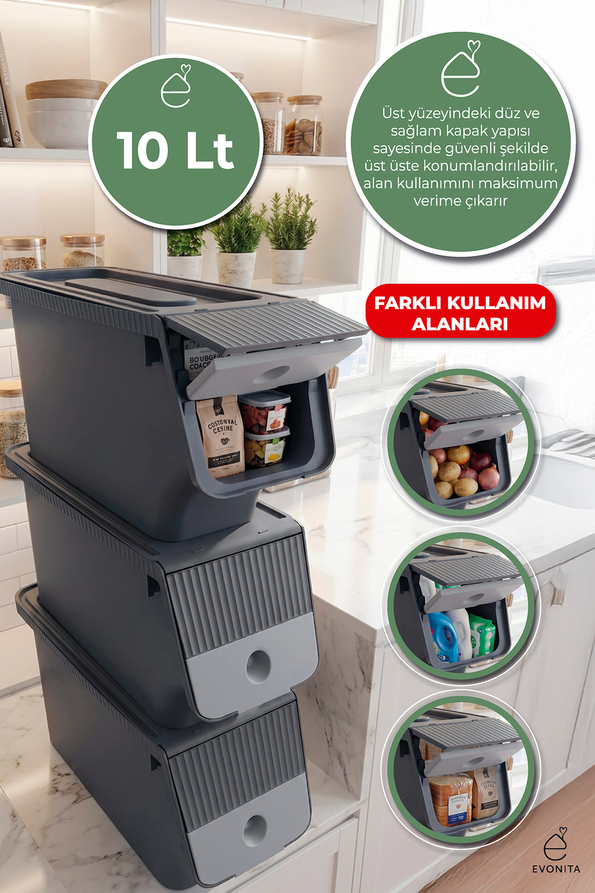 EVONİTA 3lü Çok Amaçlı Organizer Saklama Kutusu Kapaklı Dolap İçi
