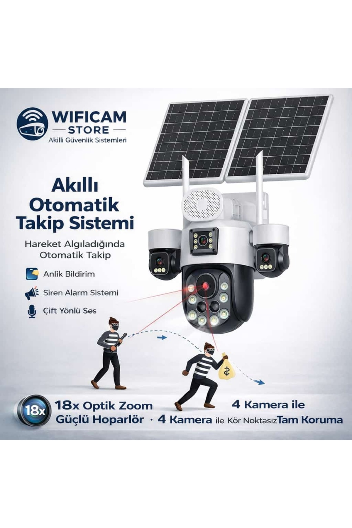 WİFİCAM İnox X25 4 Kameralı Optik Zoom Güneş Enerjili 4G Akıllı