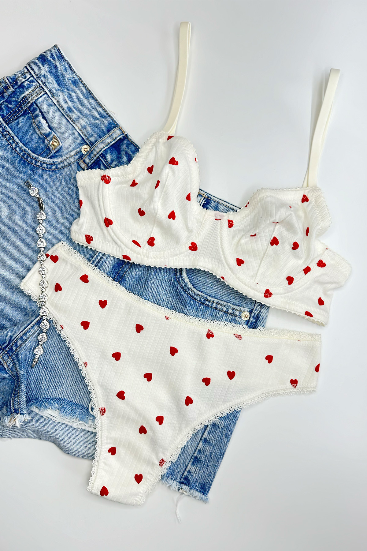 Heart Patterned Cotton Underwear Set with Underwire Ecru