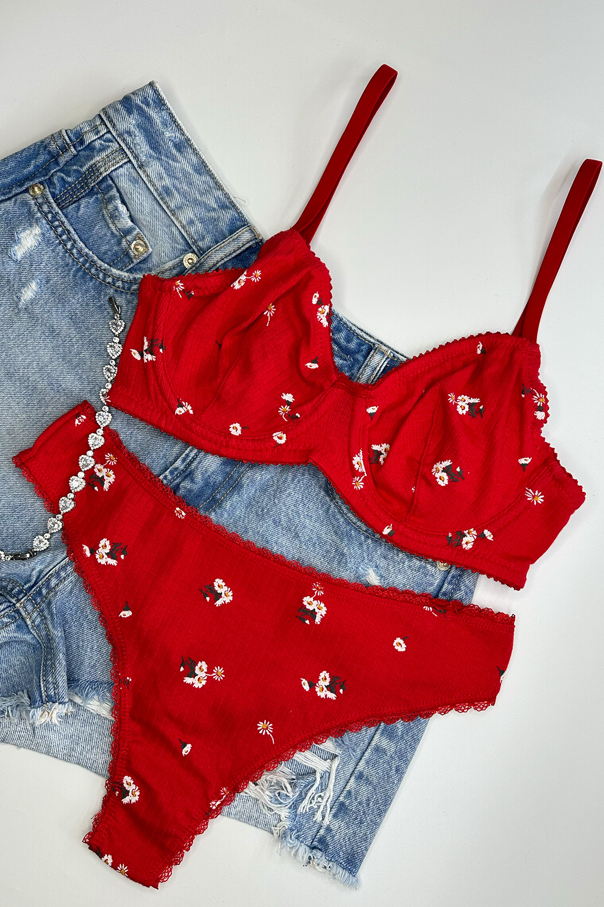 Floral Cotton Underwear Set with Underwire Red