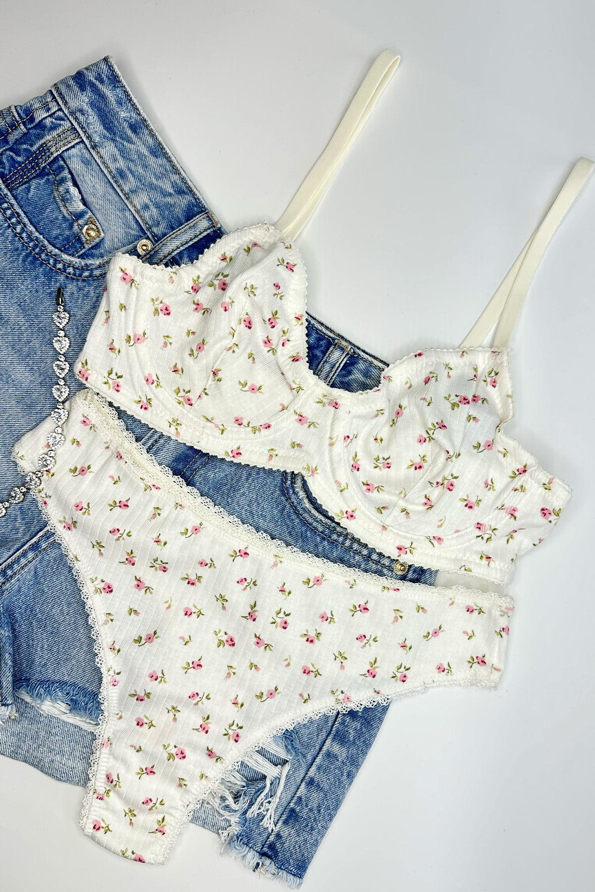 Mini Flower Pattern Cotton Underwear Set with Underwire Ecru