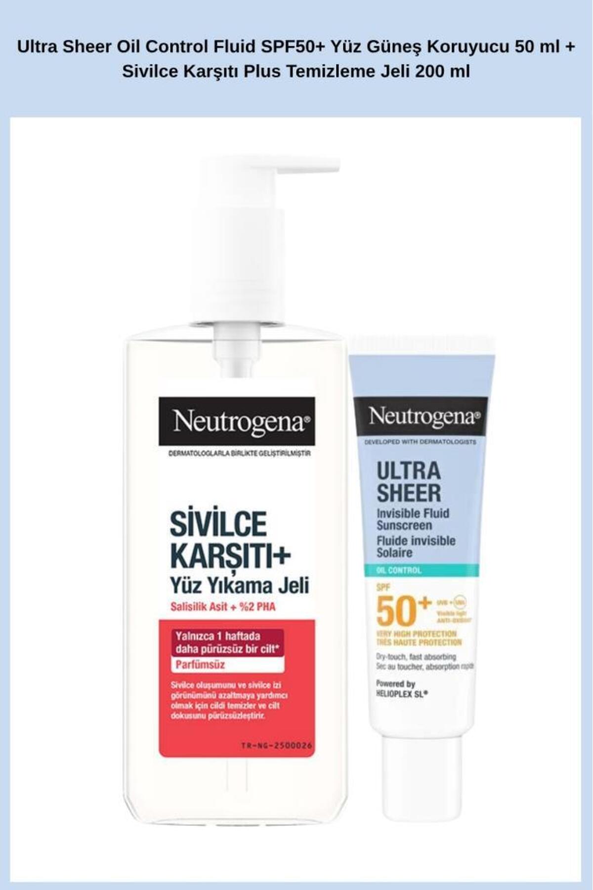 Neutrogena Ultra Sheer Oil Control Fluid SPF50+ Yüz Güneş Koruyucu 50 ml + Karşıtı Plus Temizleme Jeli — SET.CRE.9