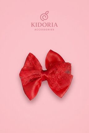 Kidoria Çocuk Kırmızı Dantel Detaylı Lüks Saten Fiyonk Toka