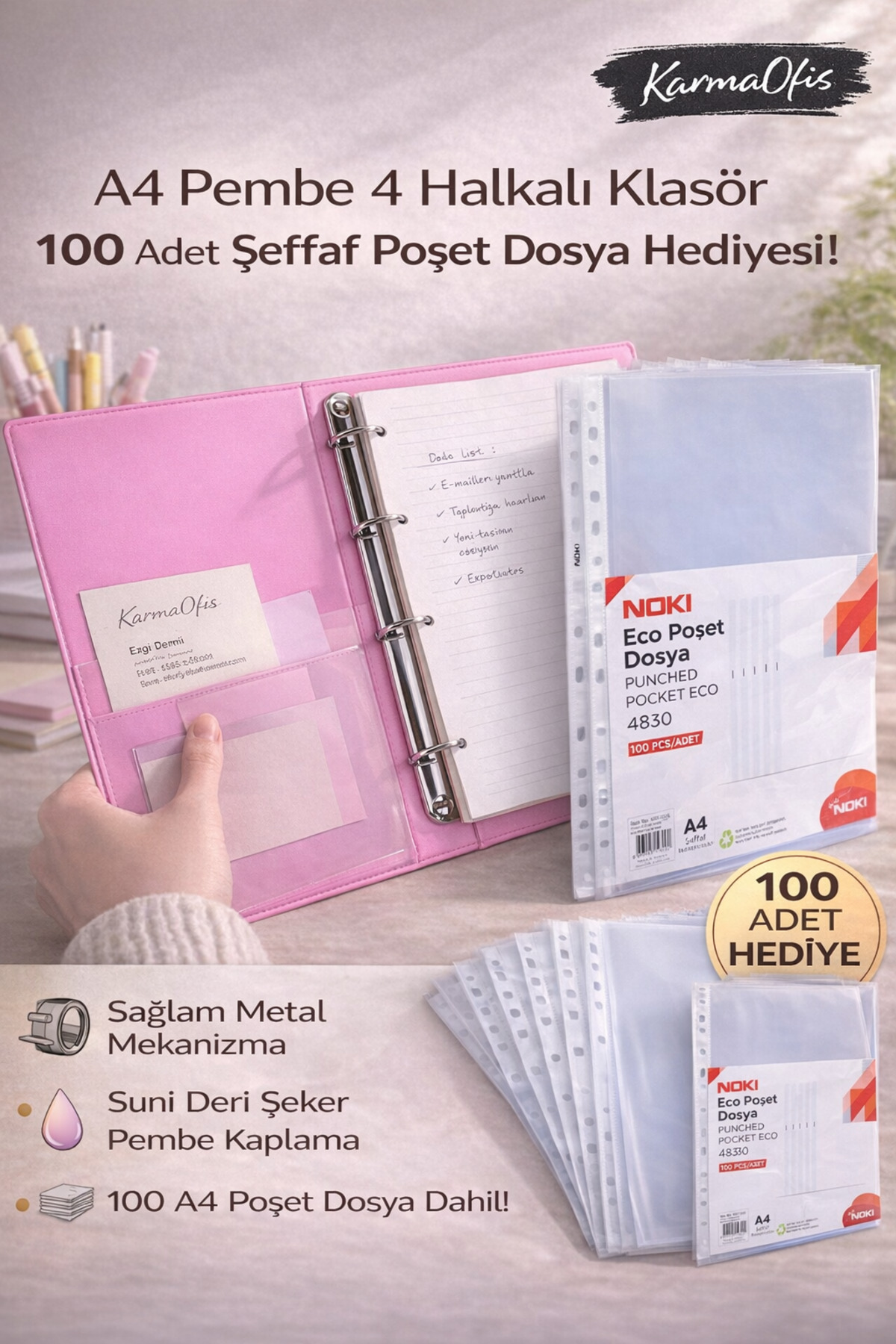 KarmaOfis A4 Pembe 4 Halkalı Klasör + 100'lü Poşet Dosya Seti Suni