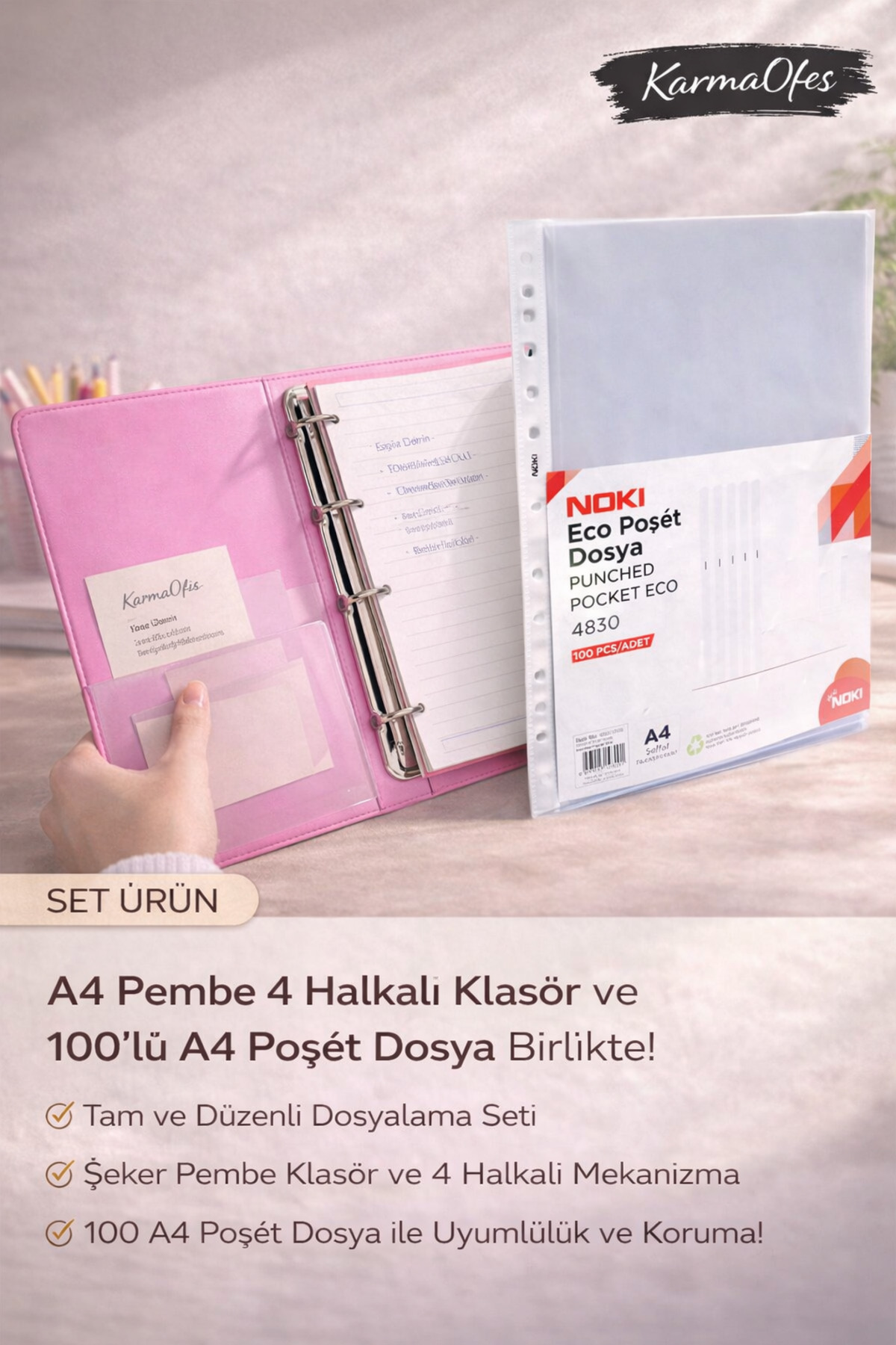 KarmaOfis A4 Pembe 4 Halkalı Klasör + 100'lü Poşet Dosya Seti Suni