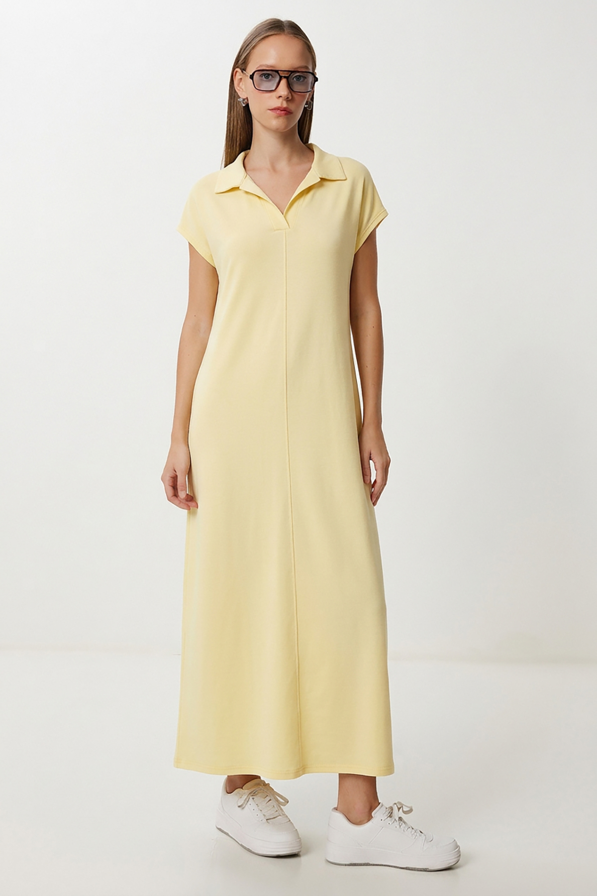Lovelyİstanbul Polo Collar Knitted Dress with Pockets Ldz0038 Yellow