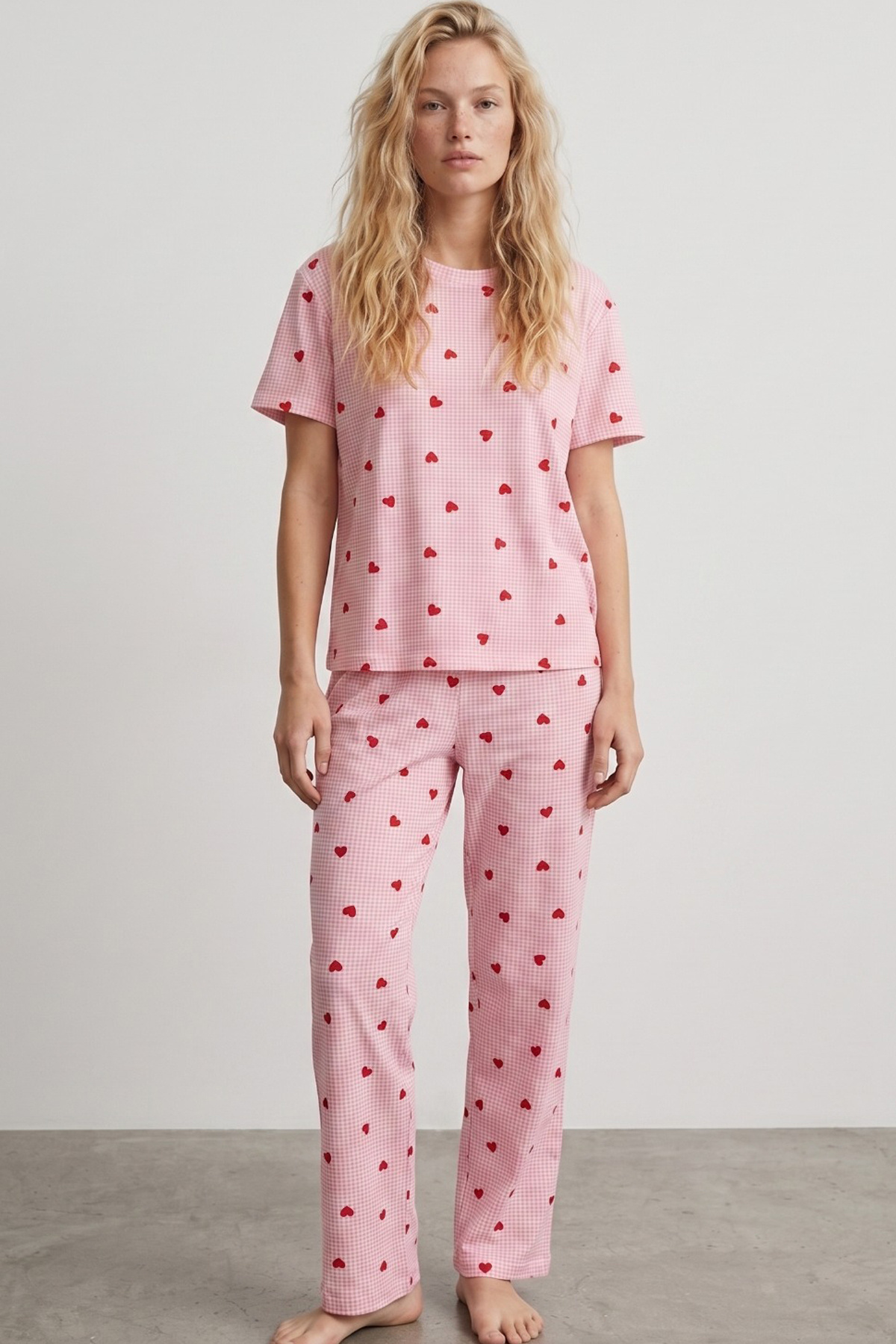 Siyah İnci  PEMBE EKOSELI KALP desenli İnce Soft Örme Mevsimlik Pijama Takımı 8003 - Görsel 2