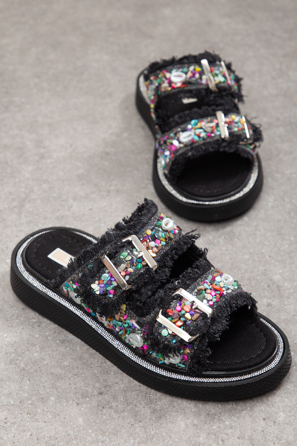 Double Buckle Natural Stone Embroidered Tassel Slippers
