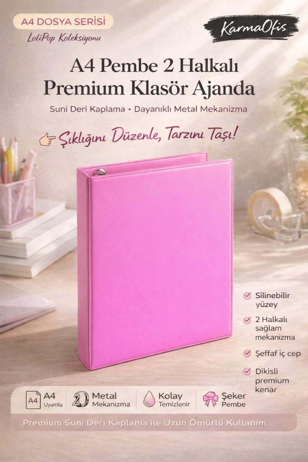 KarmaOfis A4 Pembe 2 Halkalı Klasör Ajanda | Suni Deri, Metal