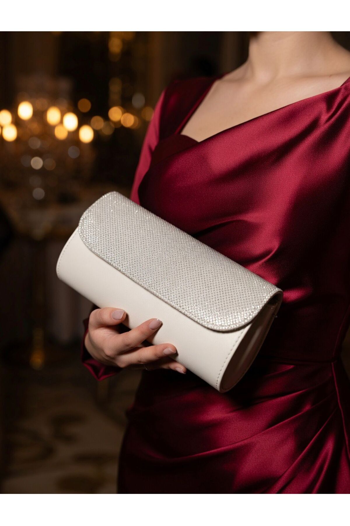 addy Luna clutch Beyaz Taşlı Görünümlü Zincirli Abiye Çanta görsel 2