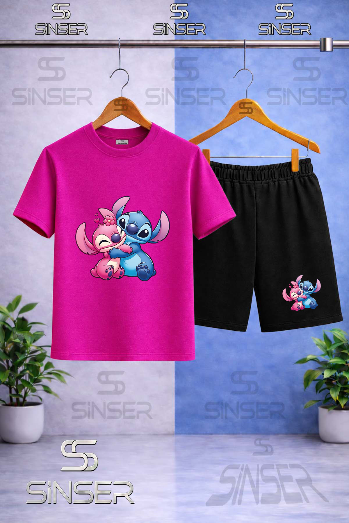 Kids Lilo stitch HUG print Crew Neck T-Shirt - Shorts Set