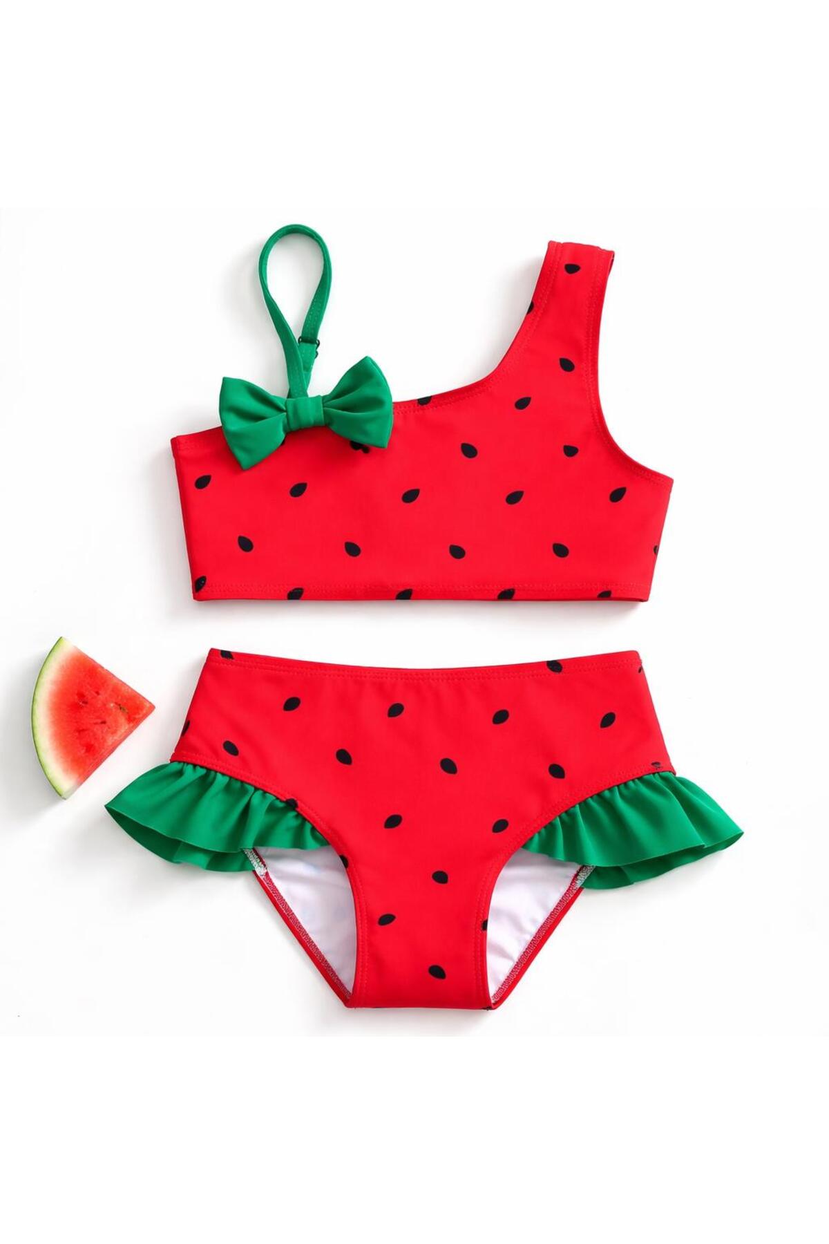 Girls Watermelon Pattern Frilly Bikini Set – One Shoulder Stylish Summer Swimwear 3007