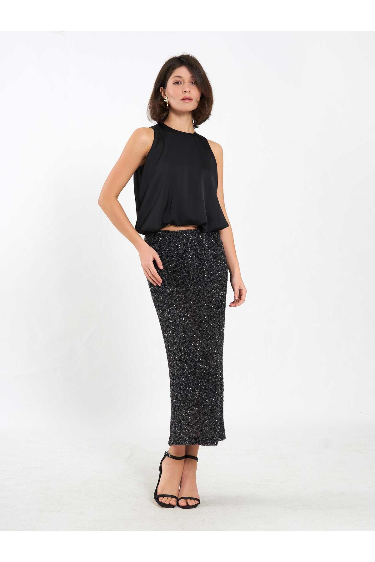 Pullu midi payet etek