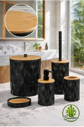Store Hgy Home Gerçek Bambu Detaylı Siyah Diamond 5'li Banyo Seti