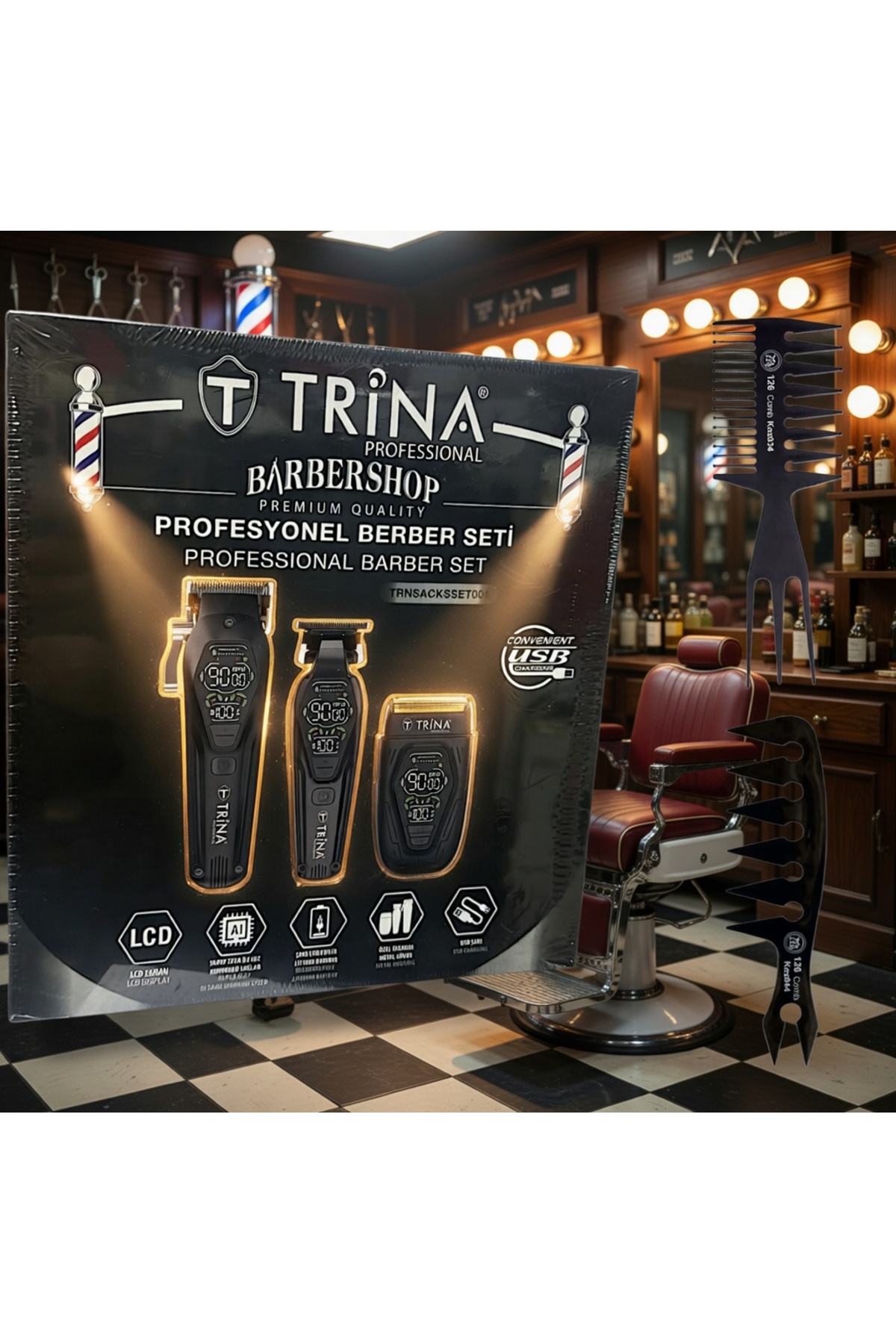 トリネ TRINA MN モノトーンシリーズ セット Trina Profesyonel 004 3 lü Tıraş Makinası Seti / Tarak Hediyeli