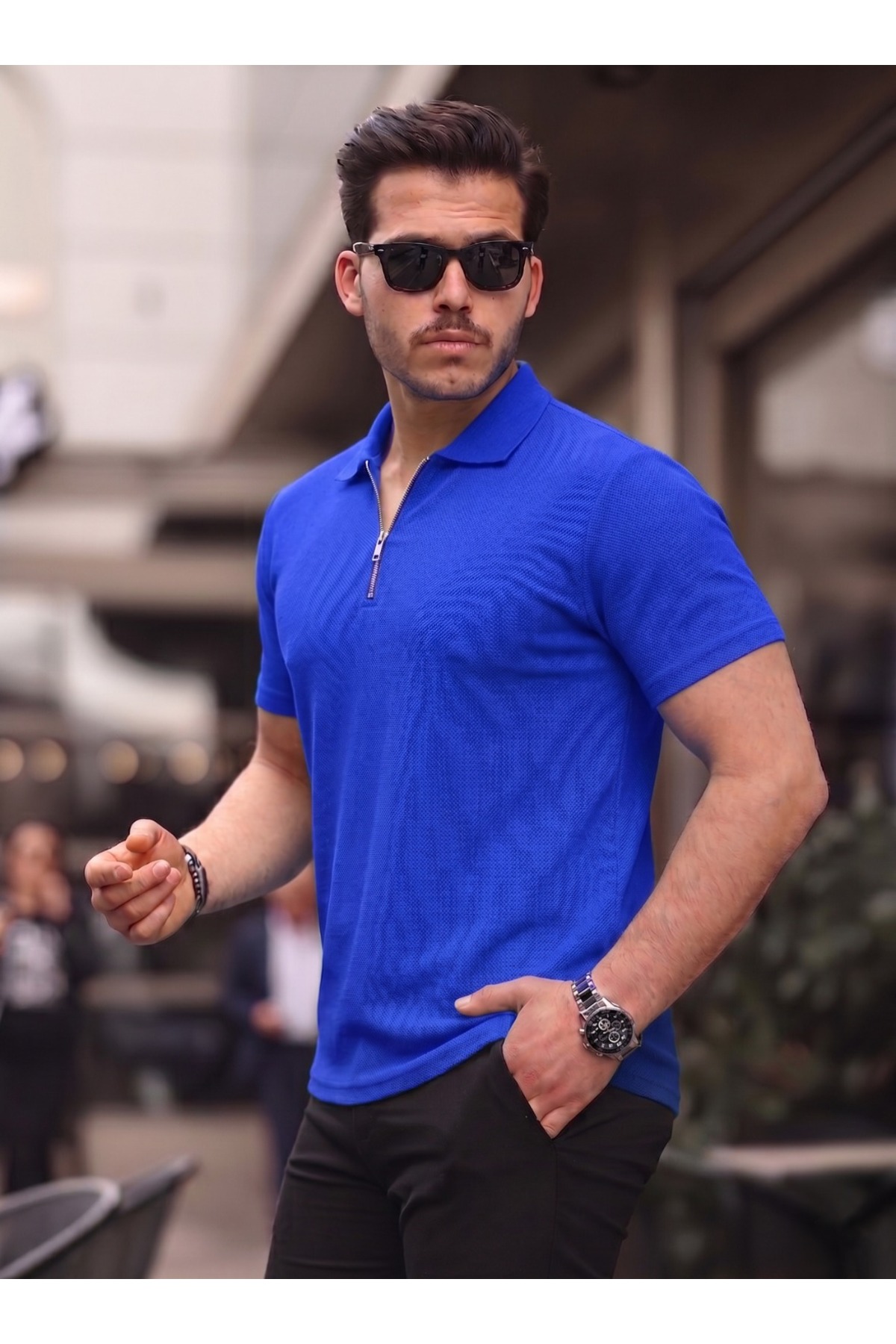 David Men's Zippered Polo Neck Cotton Fabric Saxe Blue Short Sleeve T-shirt